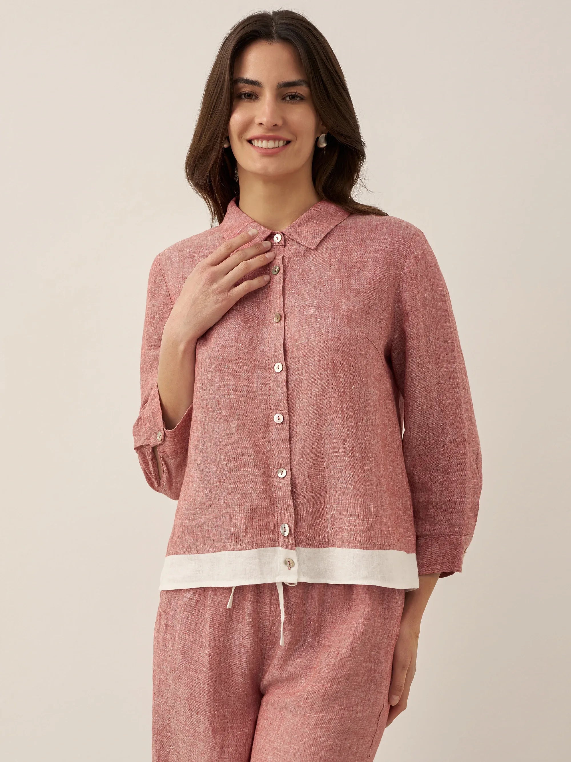 100% Linen Buttoned Closure Color-Blocked Shirt JANICE