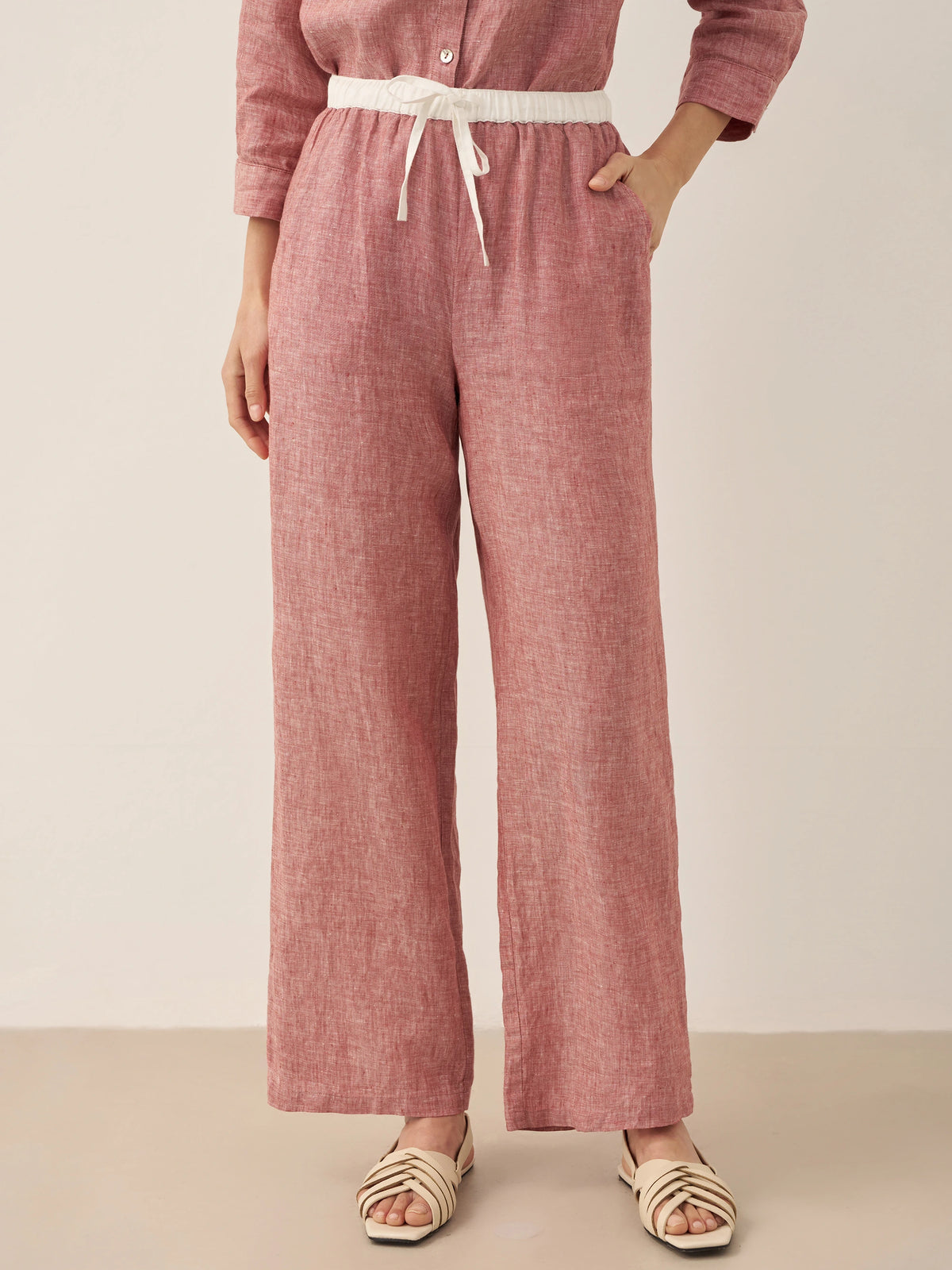 Pantalon droit femme JOURDAN à taille élastiquée en 100% lin de LINTICO