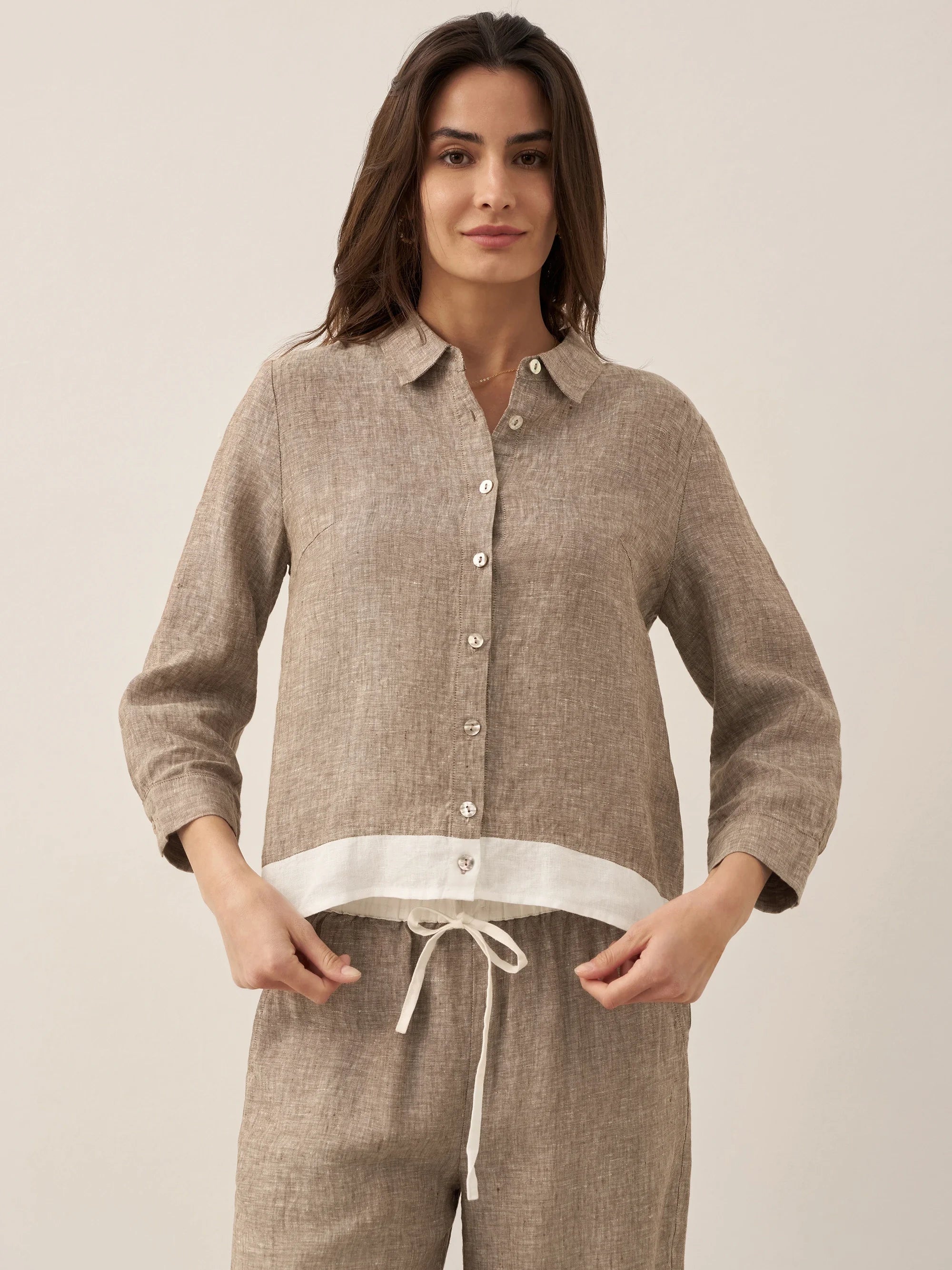 100% Linen Buttoned Closure Color-Blocked Shirt JANICE