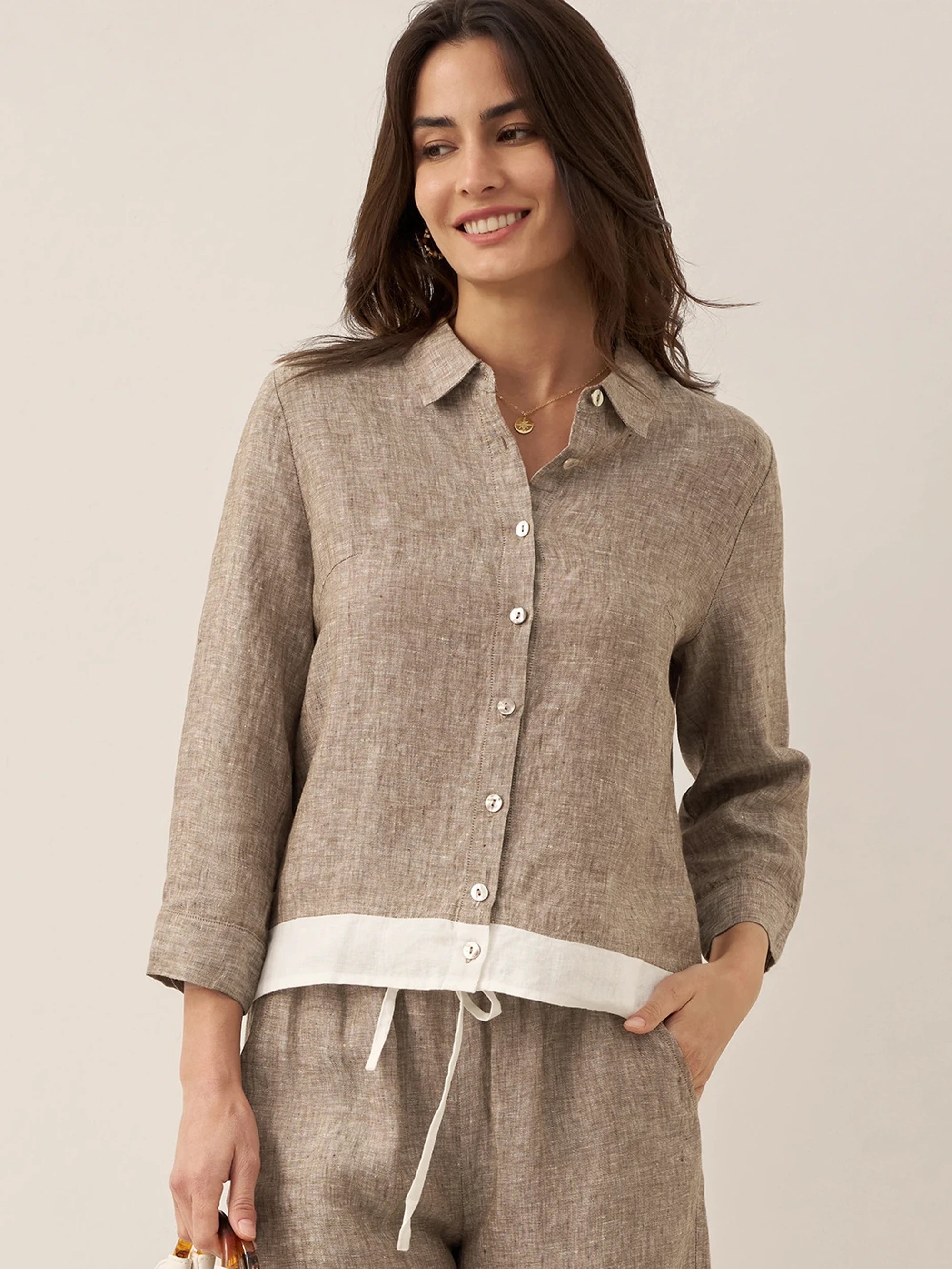 100% Linen Buttoned Closure Color-Blocked Shirt JANICE