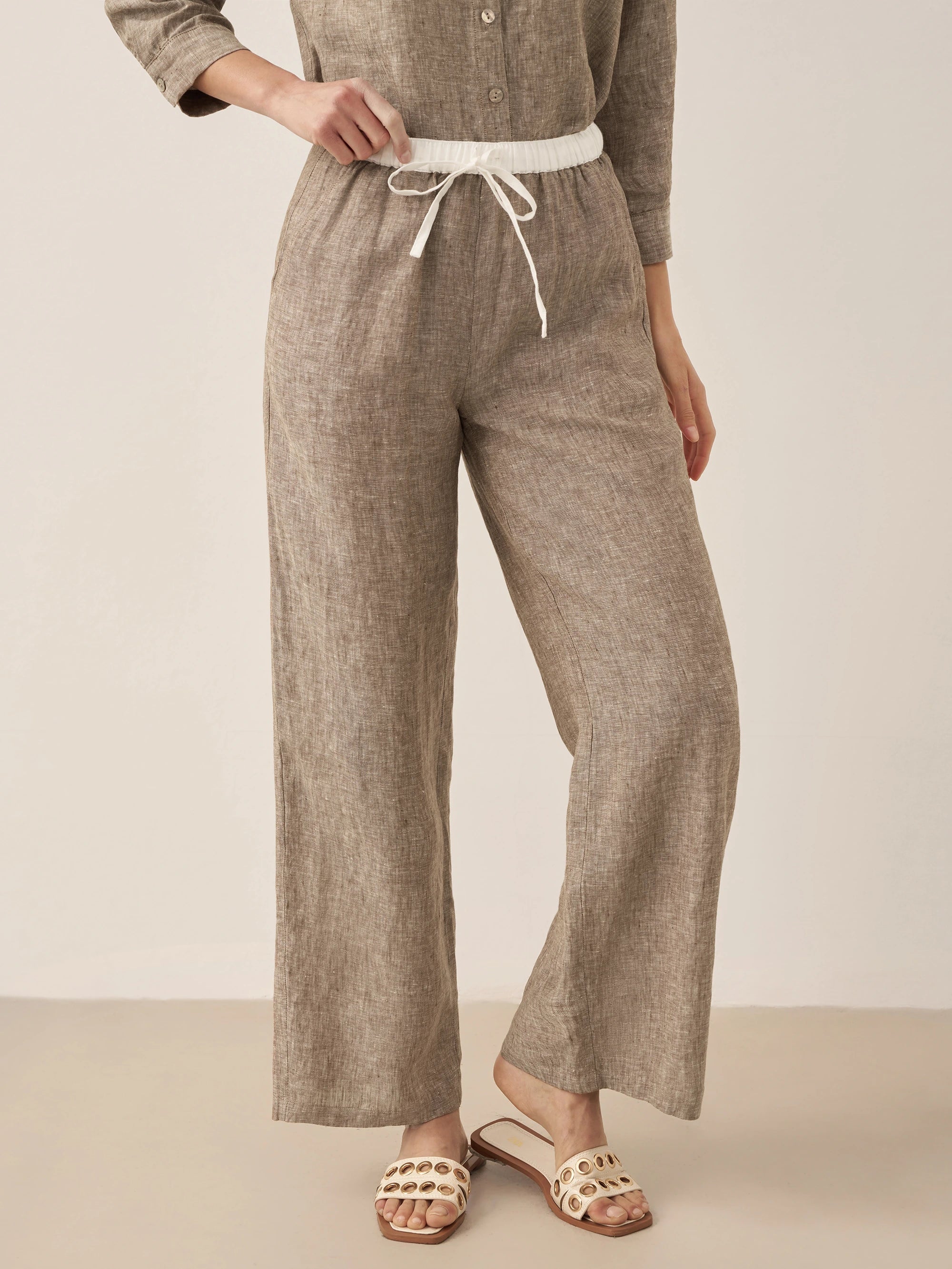 100% Linen Elastic Waist Straight-Leg Trousers JOURDAN