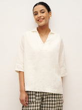 100% Linen V-Neck Oversized Pullover DANEE - Optic White / S - TOPS-Linen Blouses