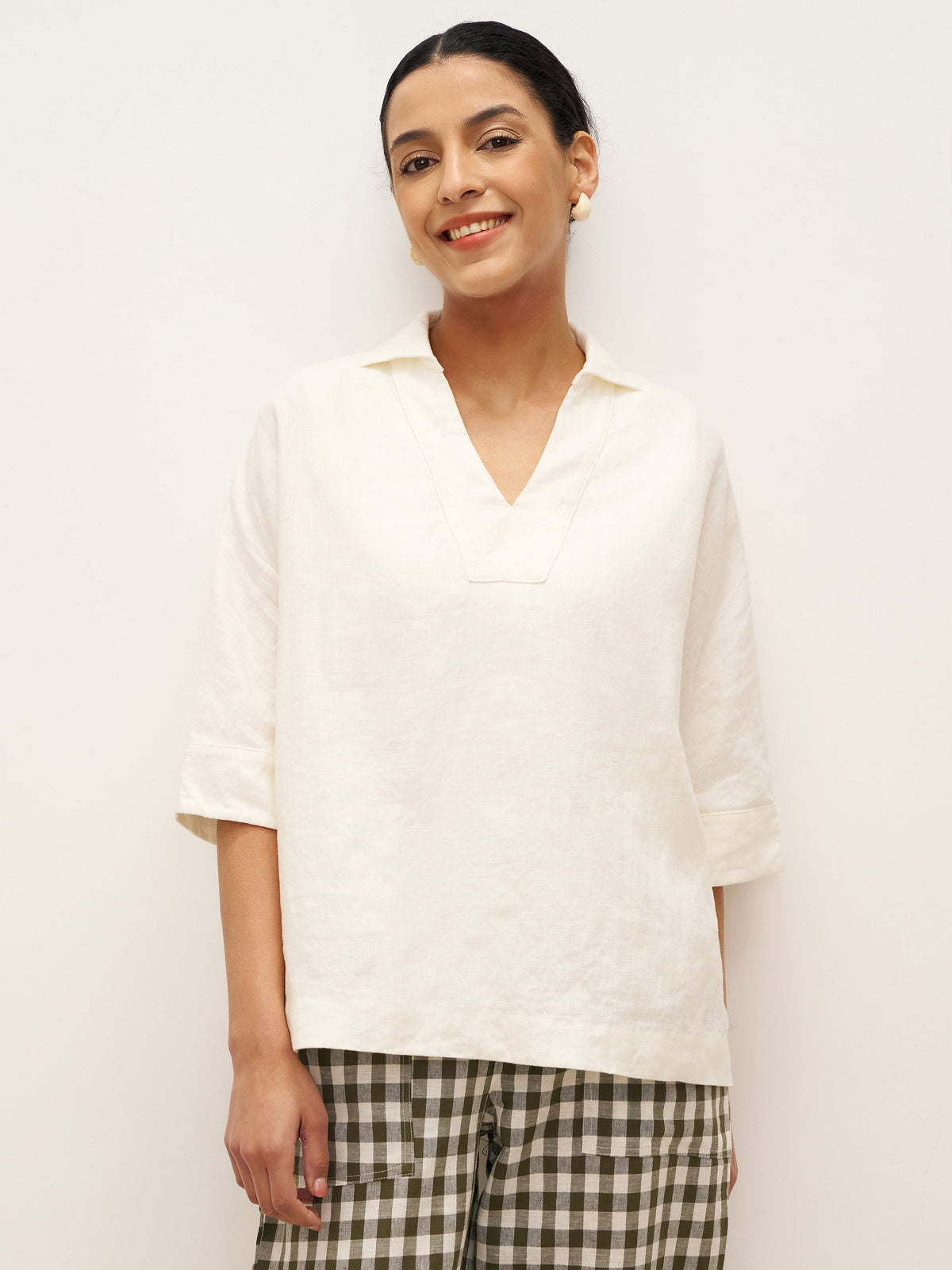 100% Linen V-Neck Oversized Pullover DANEE - Optic White / S - TOPS-Linen Blouses