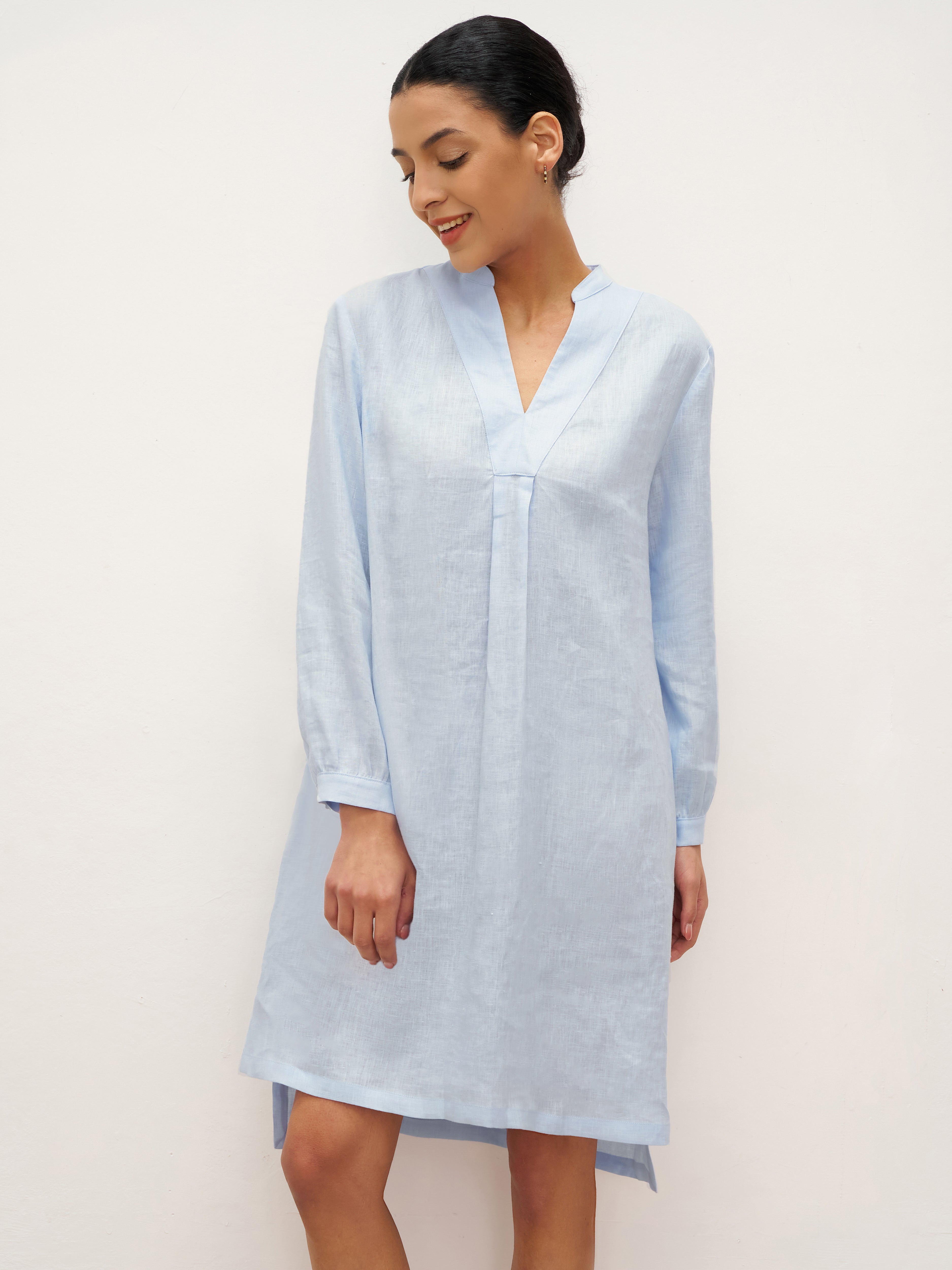 100% Linen V-Neck Pullover Shirt Dress JADEN - DRESSES-Linen Mini