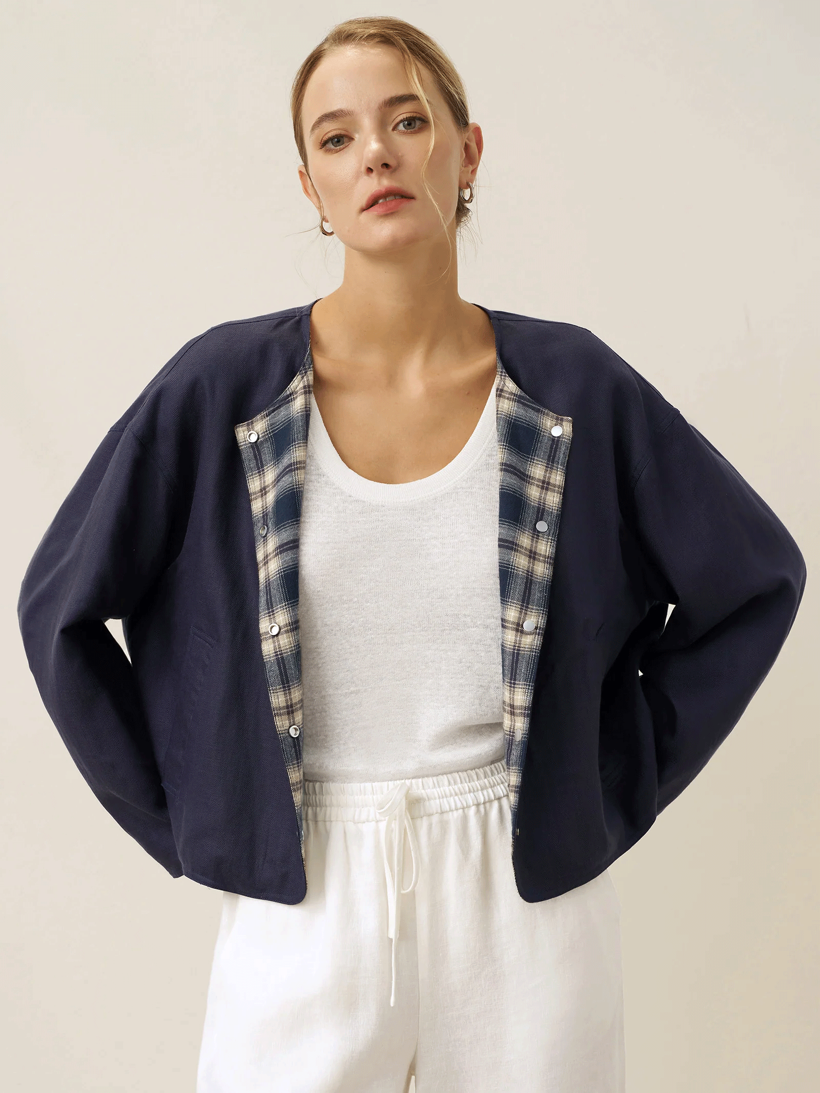 Tencel Linen Reversible Crew Neck Casual Jacket CHLOE