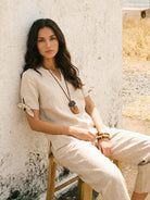 100% Linen Tie Cuff Notched V-Neck Top LORAN by LINTICO for women