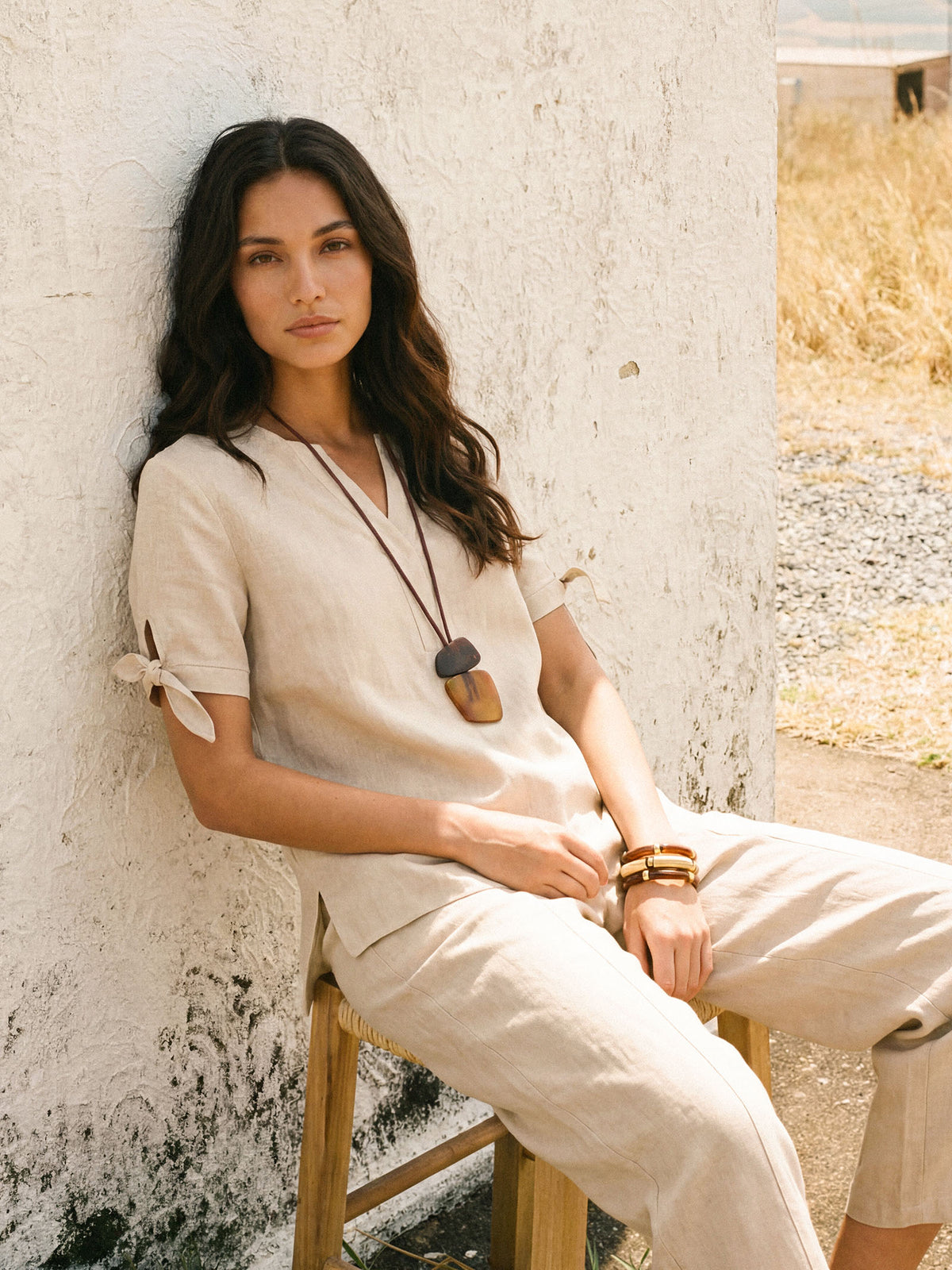 100% Linen Tie Cuff Notched V-Neck Top LORAN by LINTICO for women