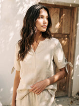 100% Linen Tie Cuff Notched V-Neck Top LORAN by LINTICO for women