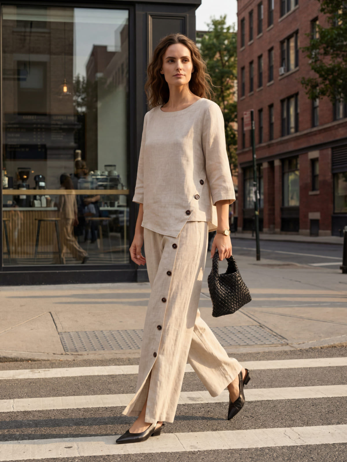 NYLA stone-oat asymmetric-hem linen top in an outdoor outfit