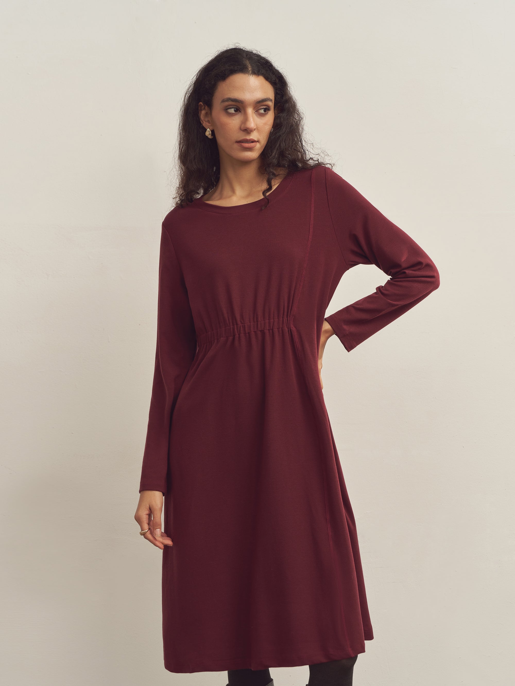 Merino Wool Waist Shirring-Detail Dress