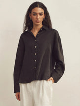 100% Linen Classic Collar Base Shirt JENNA - Charcoal Black / S - TOPS-Linen Button Down Shirts