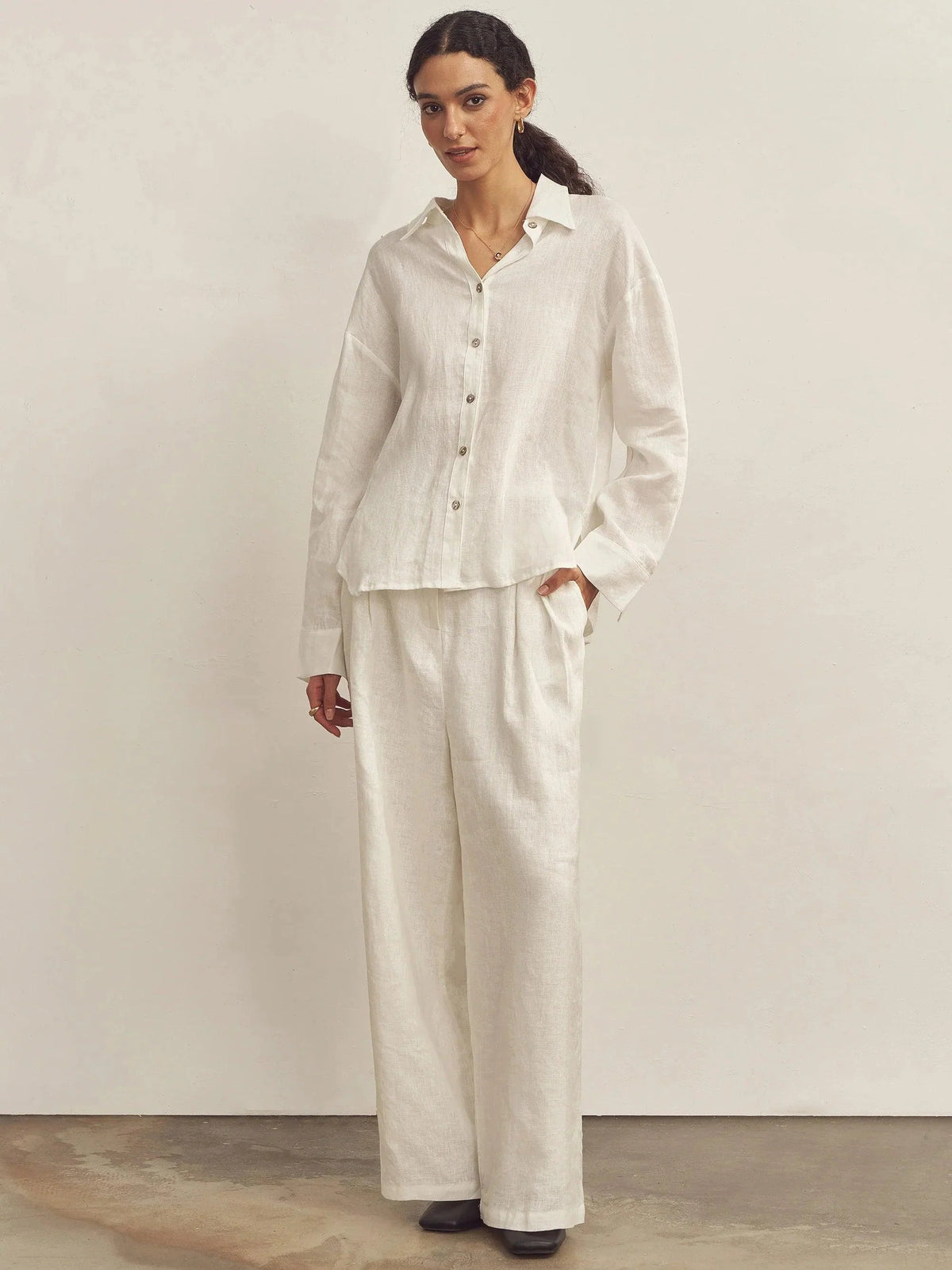 100% Linen Classic Collar Base Shirt JENNA - TOPS-Linen Button Down Shirts