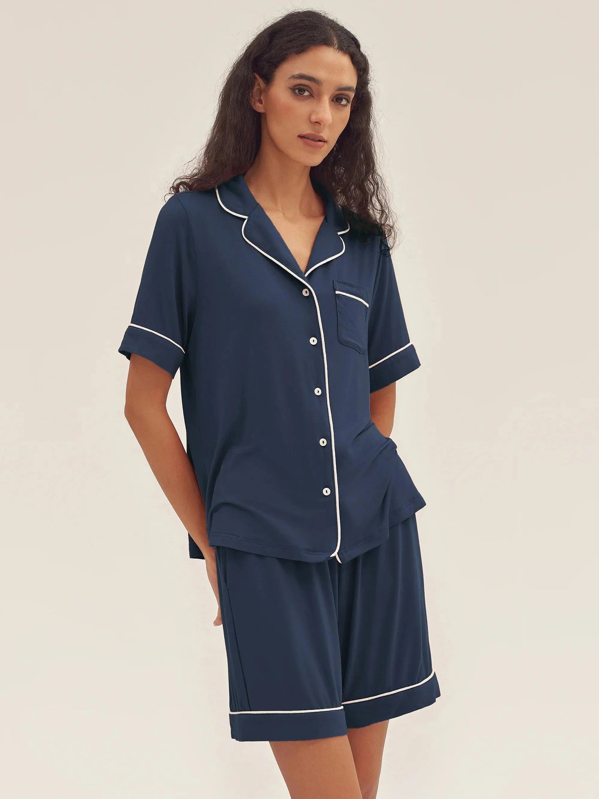 Short Sleeve Bamboo Pajama Set ODESSA - Navy Blue / Tops / S - LOUNGEWEAR-Bamboo PJS