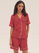 Short Sleeve Bamboo Viscose Pajama Set ODESSA - Christmas Red / Tops / S - LOUNGEWEAR-Bamboo Viscose PJS