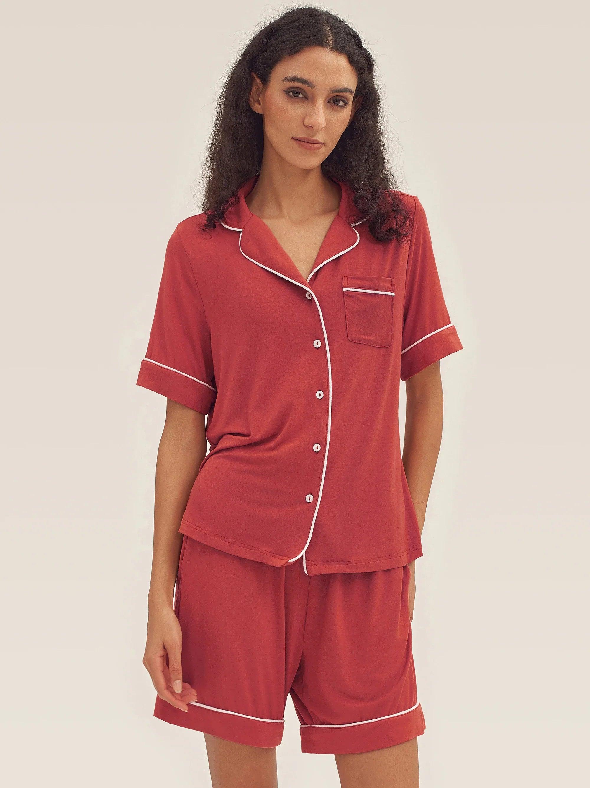 Short Sleeve Bamboo Pajama Set ODESSA - Christmas Red / Tops / S - LOUNGEWEAR-Bamboo PJS