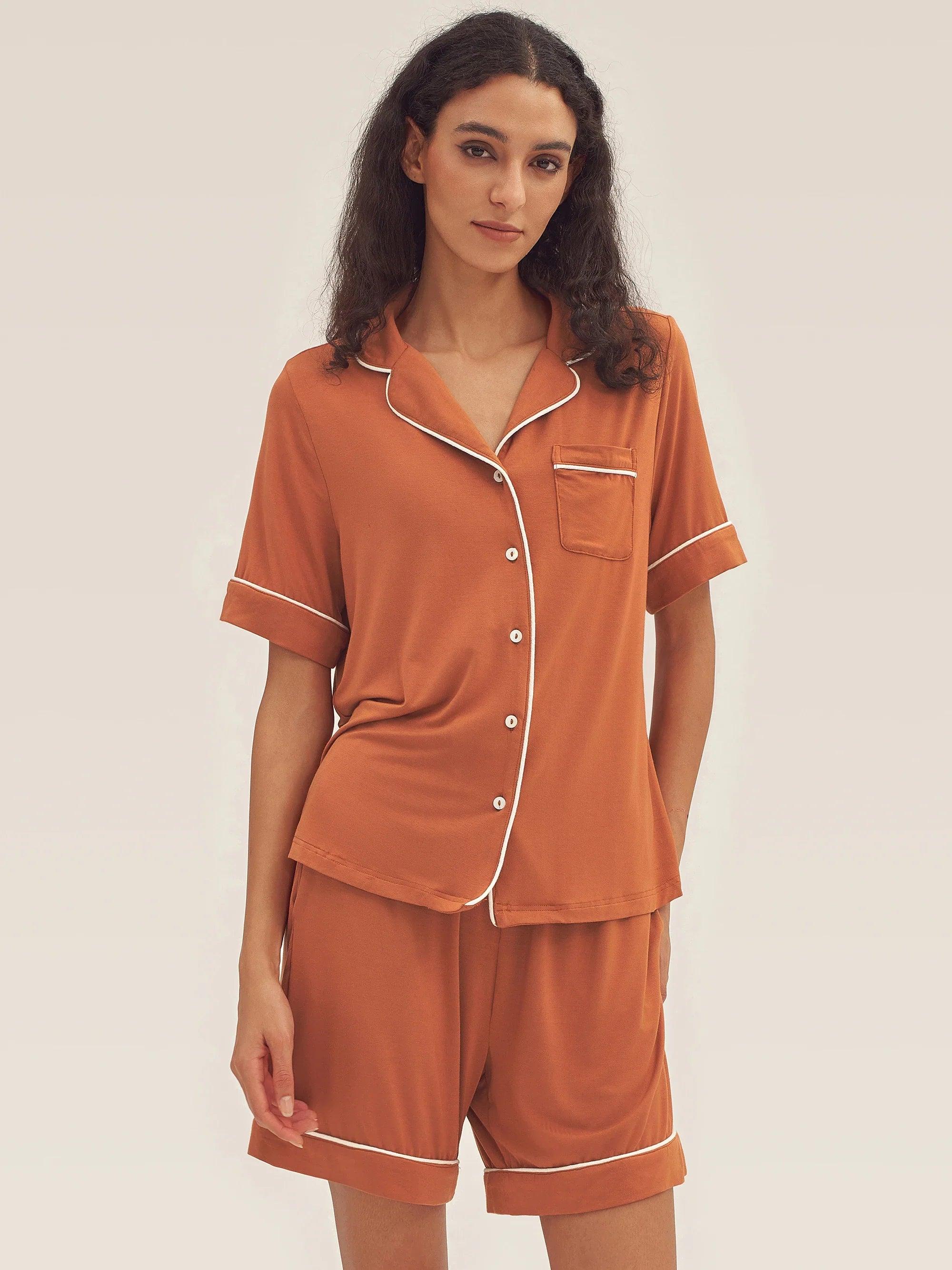 Short Sleeve Bamboo Pajama Set ODESSA - Halloween Orange / Tops / S - LOUNGEWEAR-Bamboo PJS