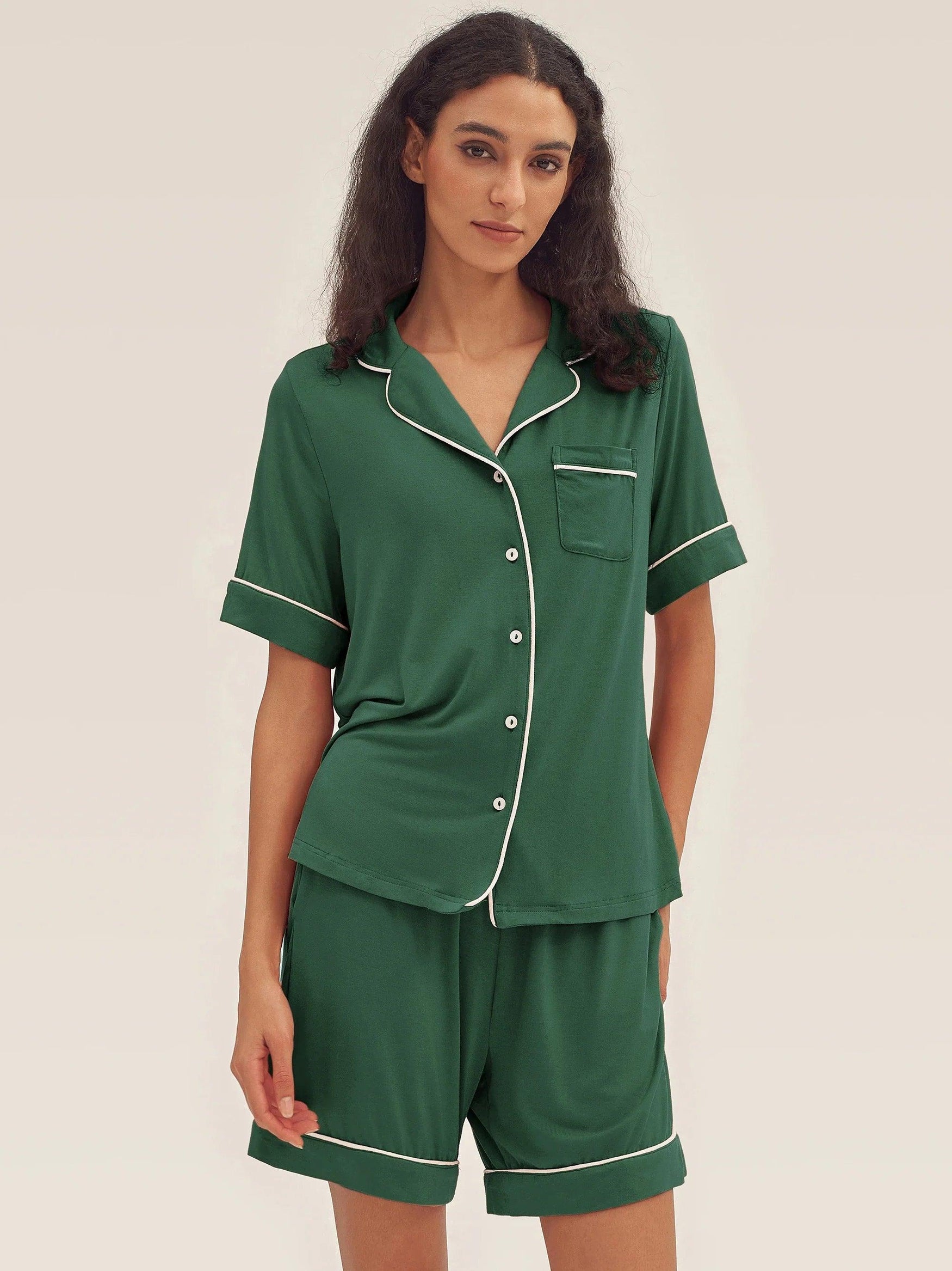 Short Sleeve Bamboo Viscose Pajama Set ODESSA - Evergreen / Tops / S - LOUNGEWEAR-Bamboo Viscose PJS