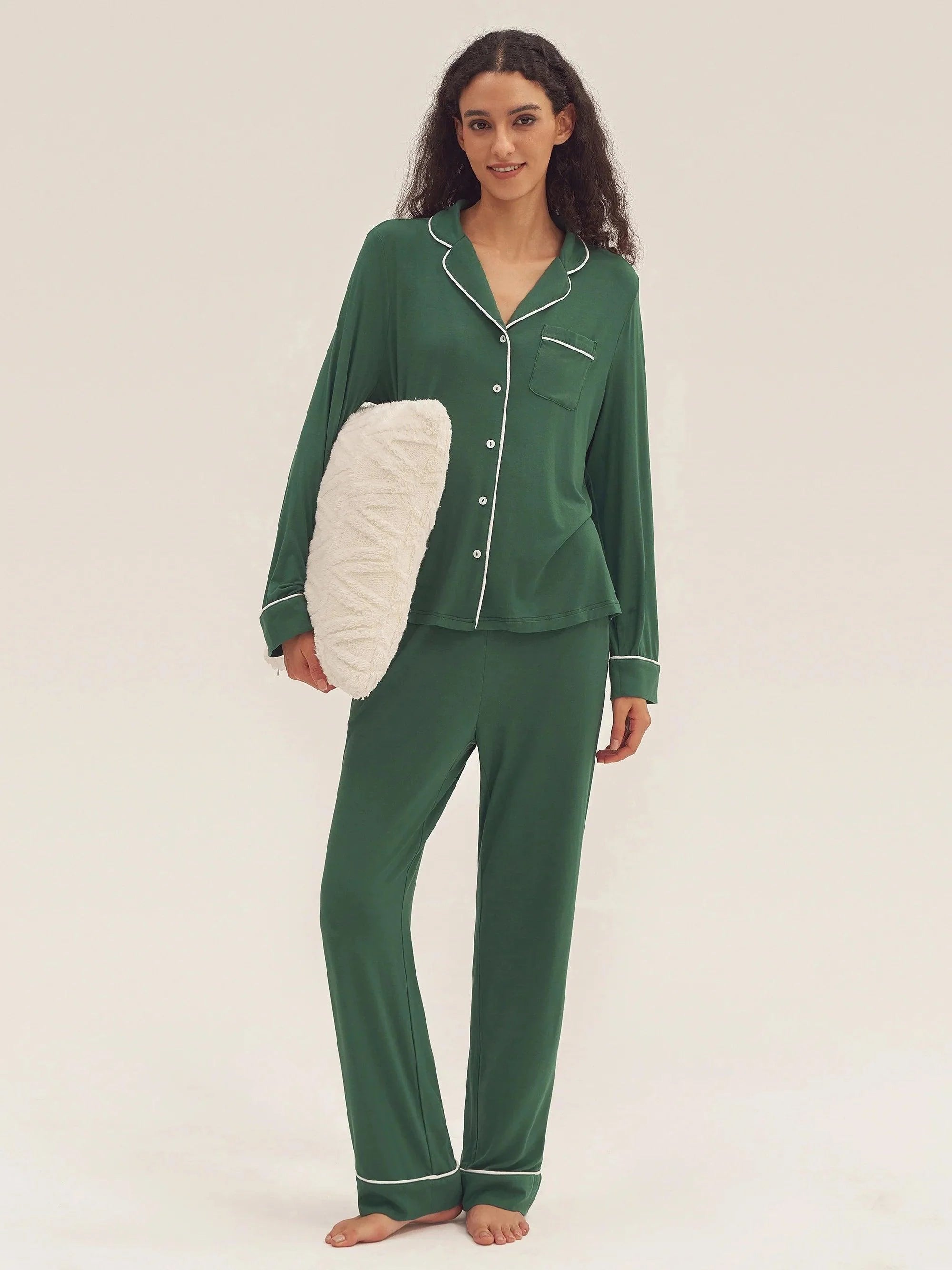 Long Sleeve Bamboo Pajama Set Adeline - Evergreen / Sets / S - LOUNGEWEAR-Bamboo PJS