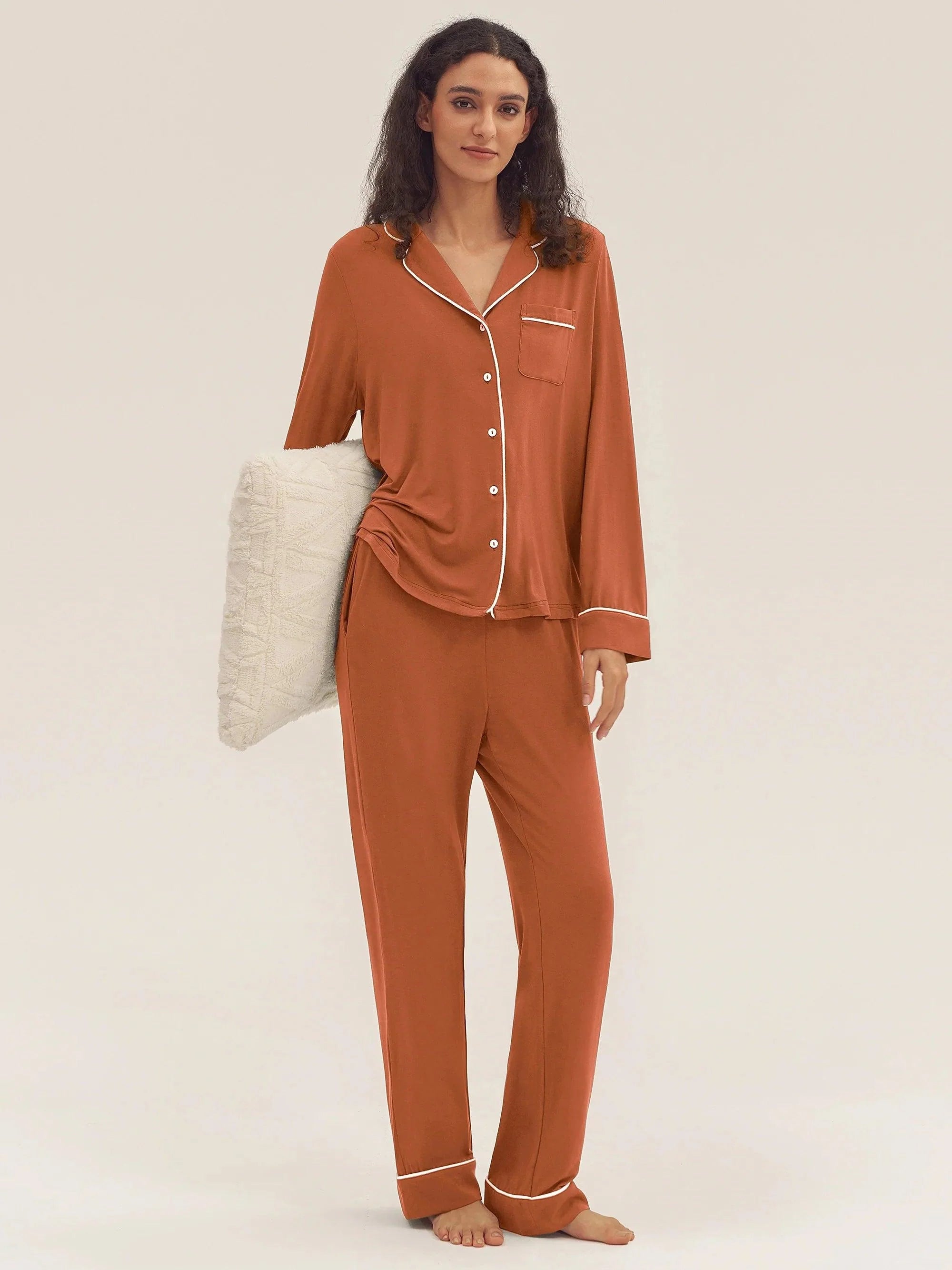 Long Sleeve Bamboo Pajama Set Adeline - Halloween Orange / Sets / S - LOUNGEWEAR-Bamboo PJS