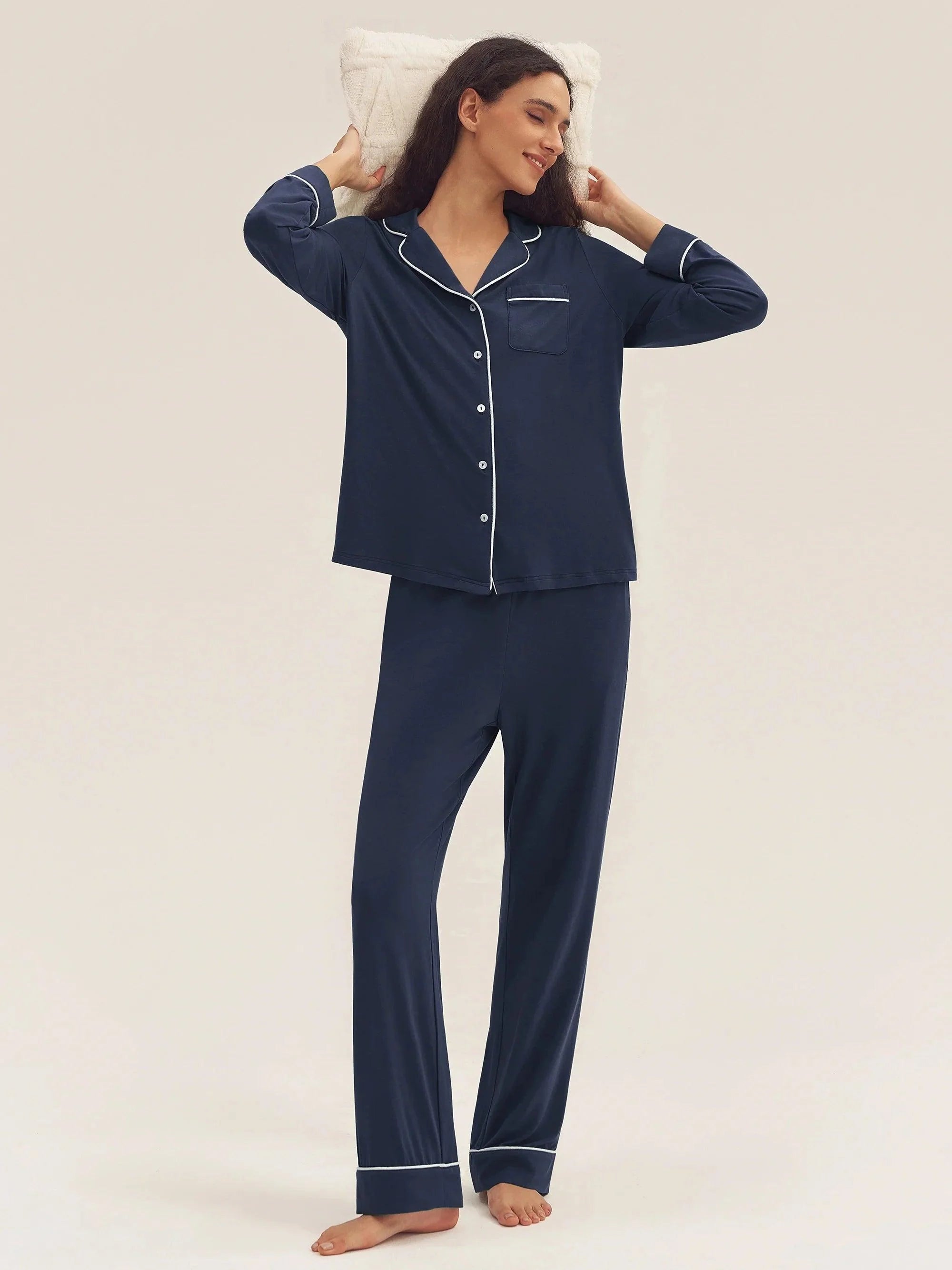 Long Sleeve Bamboo Pajama Set Adeline - Navy Blue / Sets / S - LOUNGEWEAR-Bamboo PJS