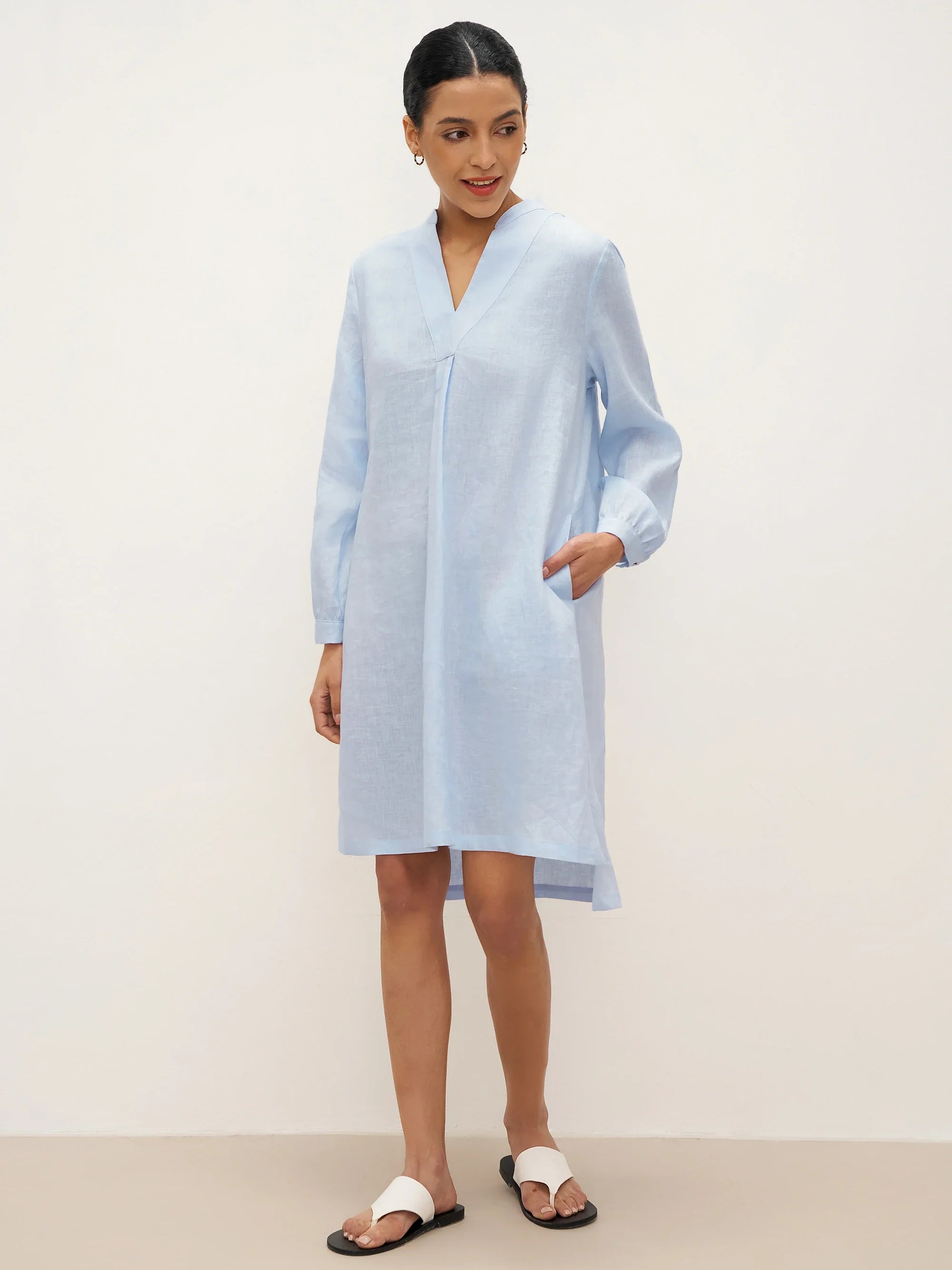 100% Linen V-Neck Pullover Shirt Dress JADEN - DRESSES-Linen Mini
