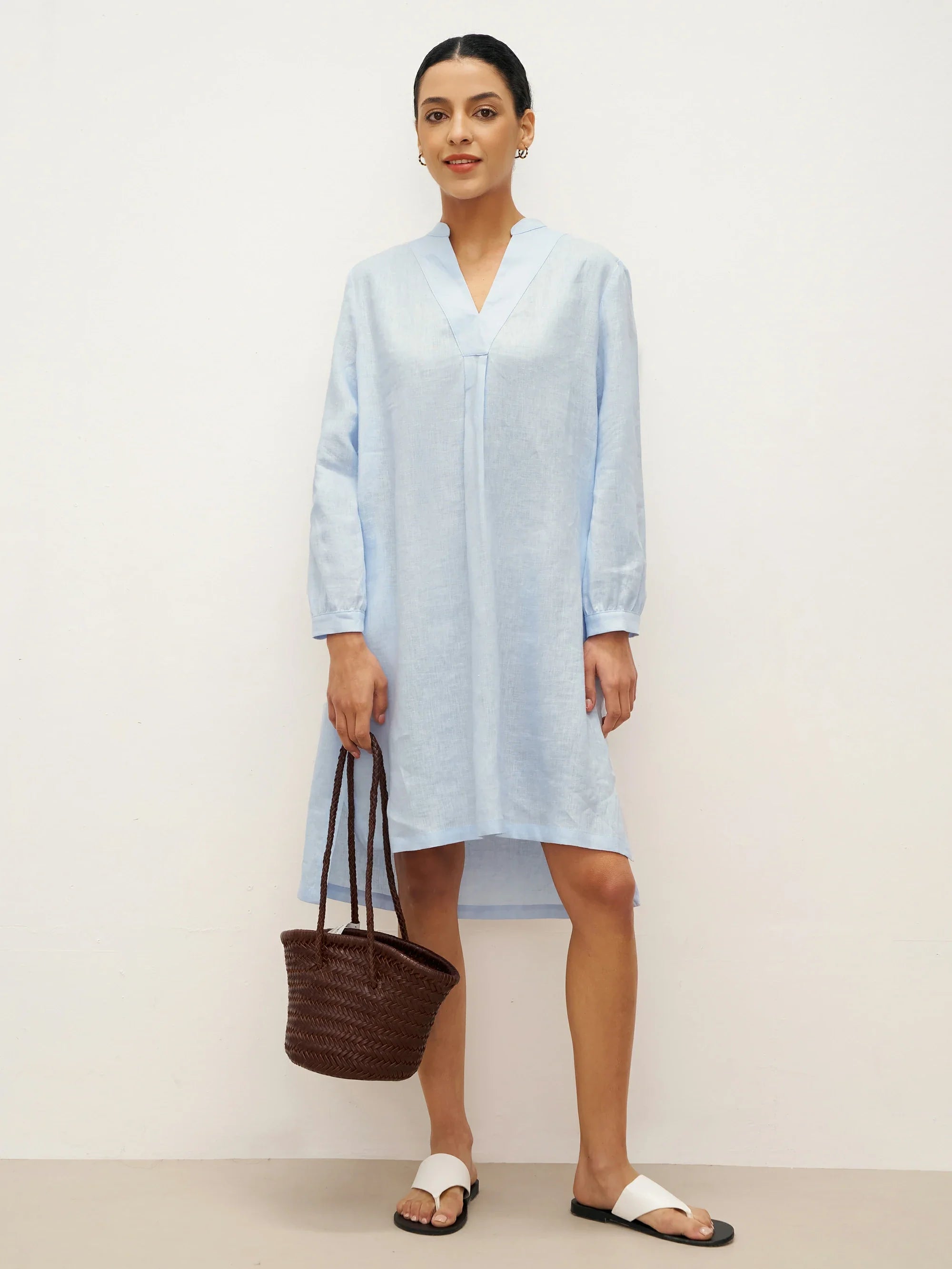 100% Linen V-Neck Pullover Shirt Dress JADEN - Ice Blue / S - DRESSES-Linen Mini