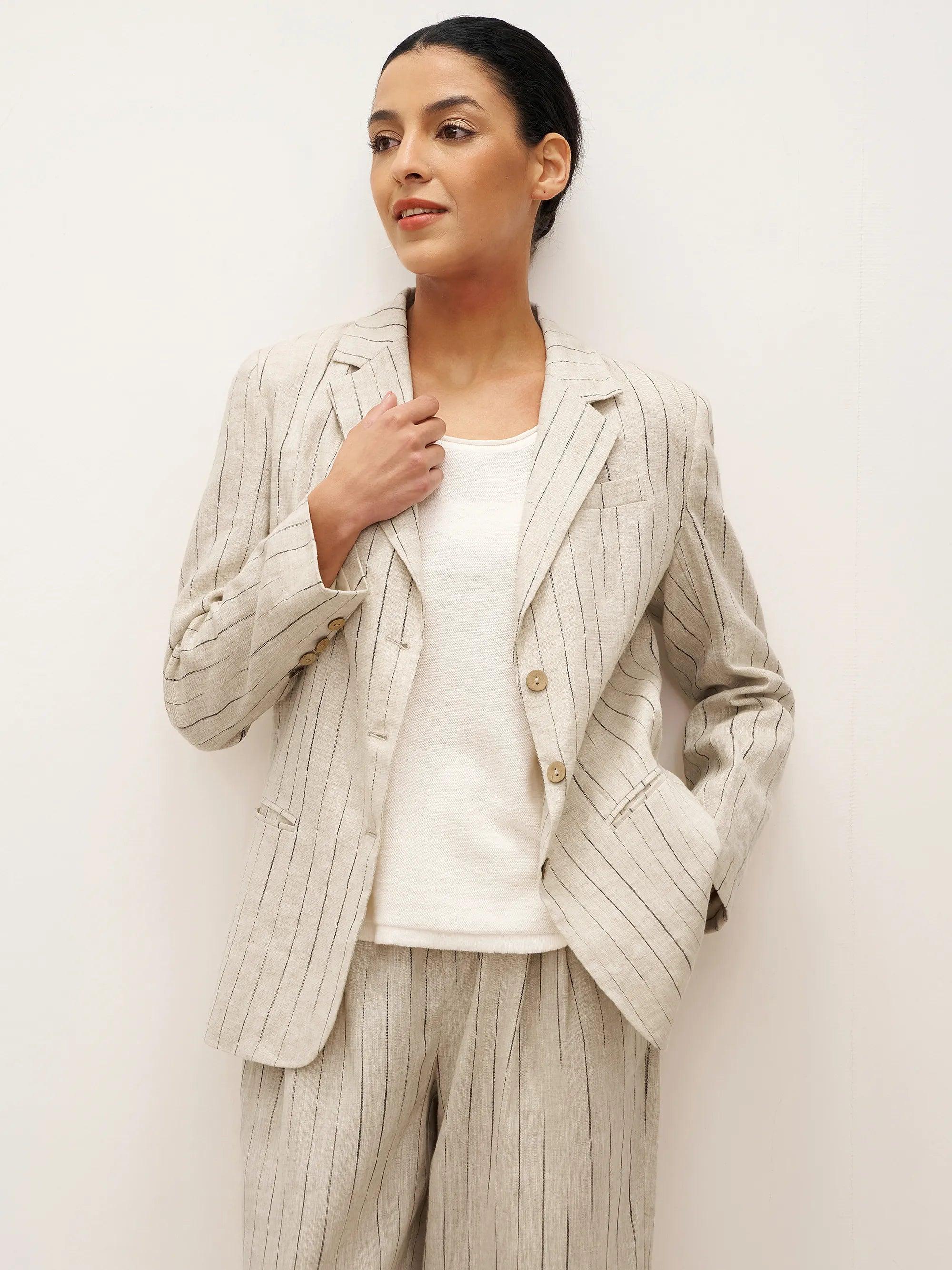 100% Linen Sketch Stripe Suit Set ELOISE - SETS-Linen Sets