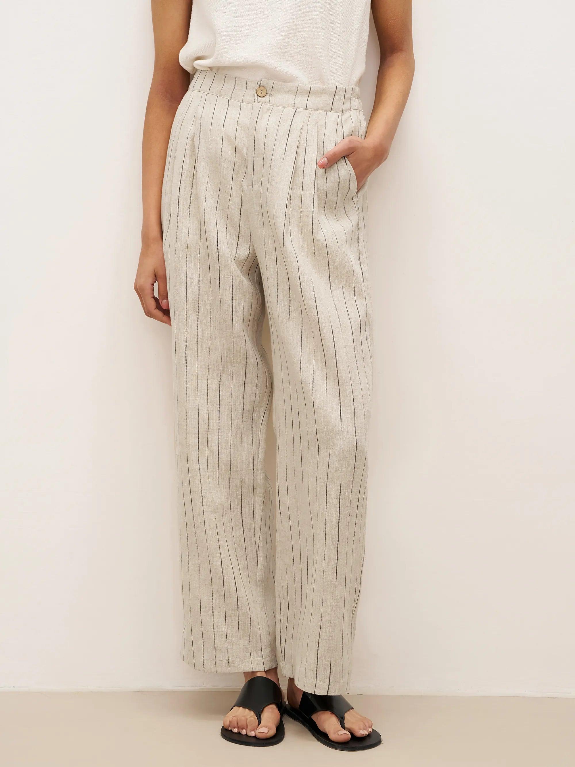 100% Linen Sketch Stripe Suit Set ELOISE - Bottoms / S - SETS-Linen Sets