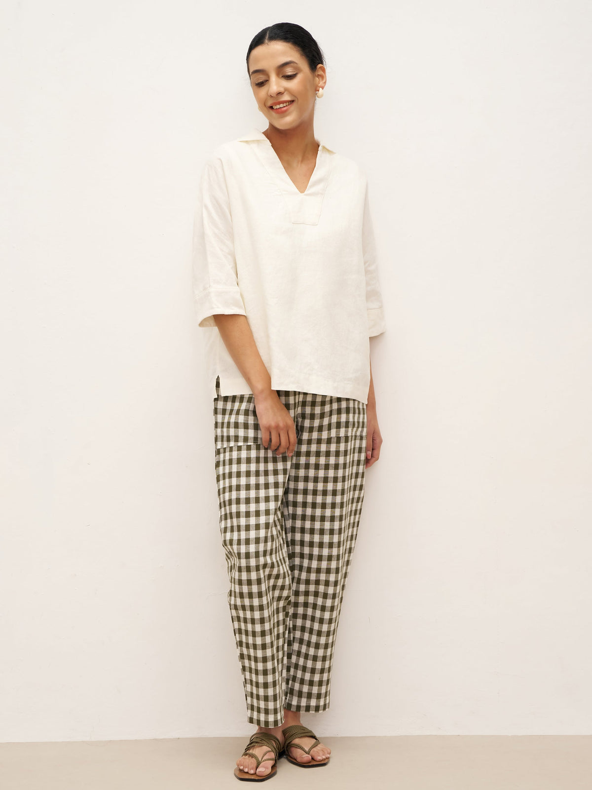 100% Linen V-Neck Oversized Pullover DANEE - TOPS-Linen Blouses
