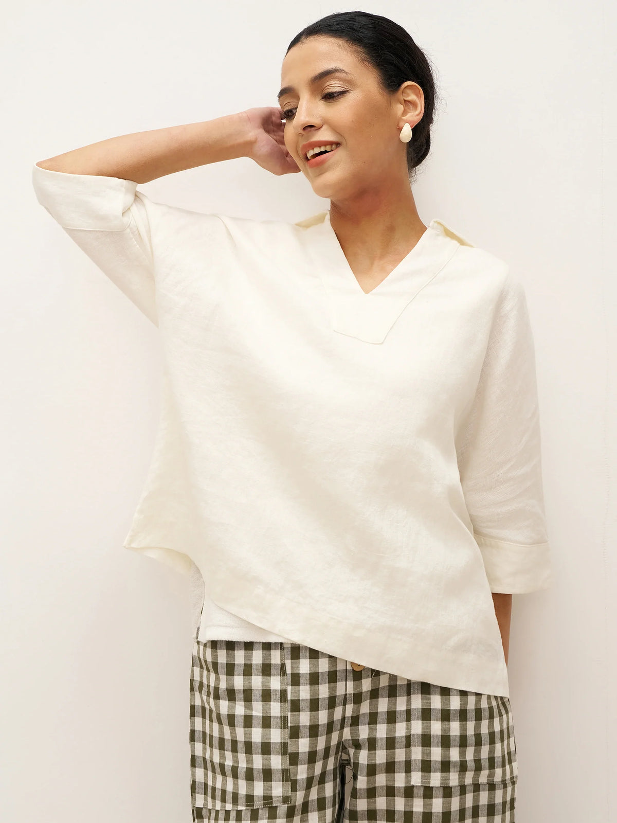 100% Linen V-Neck Oversized Pullover DANEE - TOPS-Linen Blouses