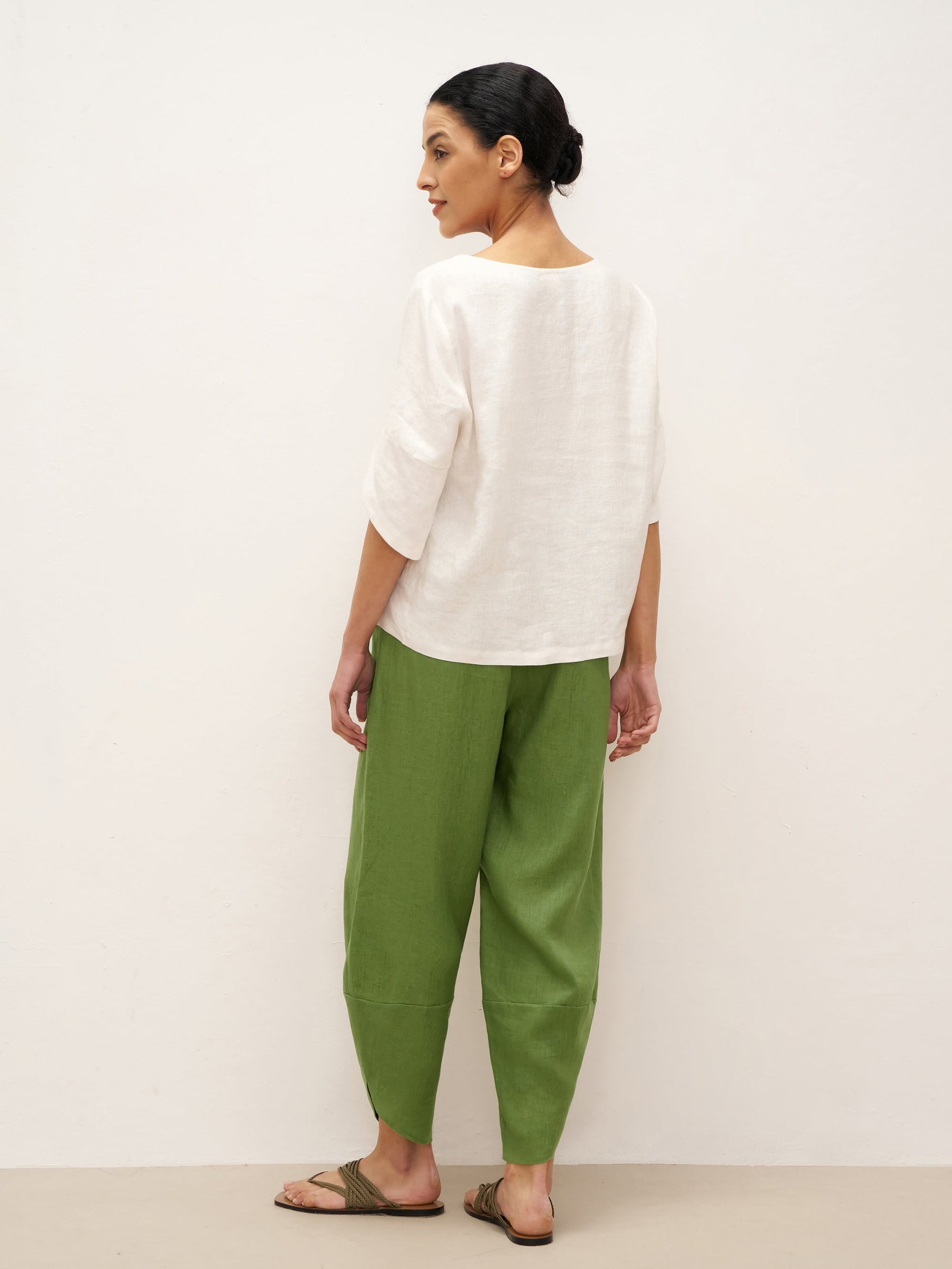 100% Linen Round Neck Petal-Sleeve Pullover LAUREL - TOPS-Linen Blouses