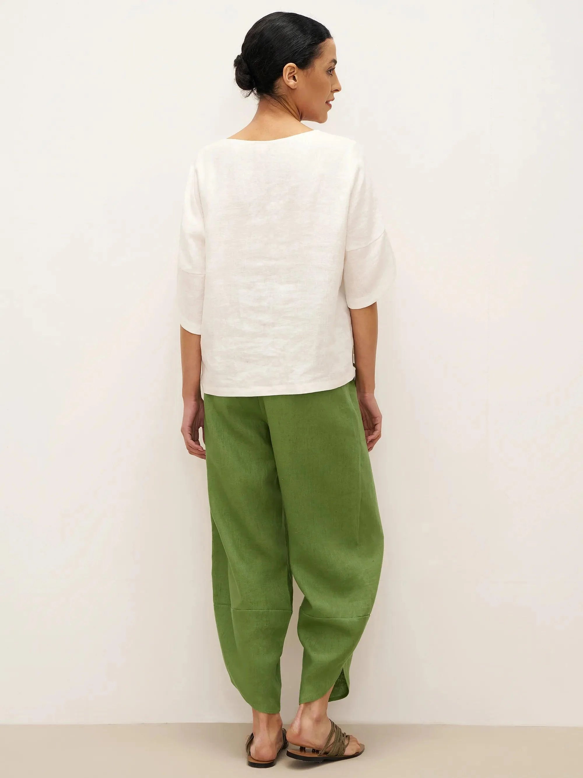 100% Linen Petal-Hem Trousers with Elastic Waist LIV - BOTTOMS-Linen Pants