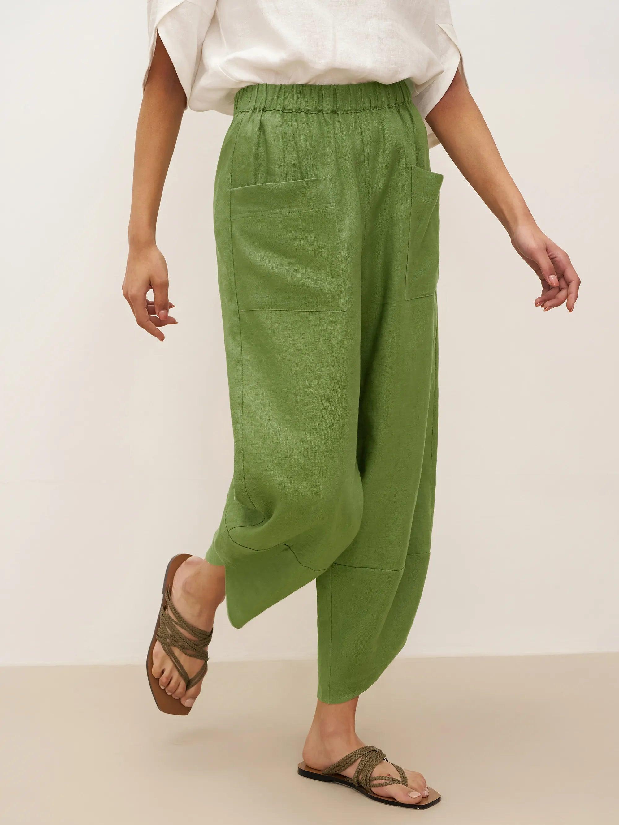 100% Linen Petal-Hem Trousers with Elastic Waist LIV - BOTTOMS-Linen Pants