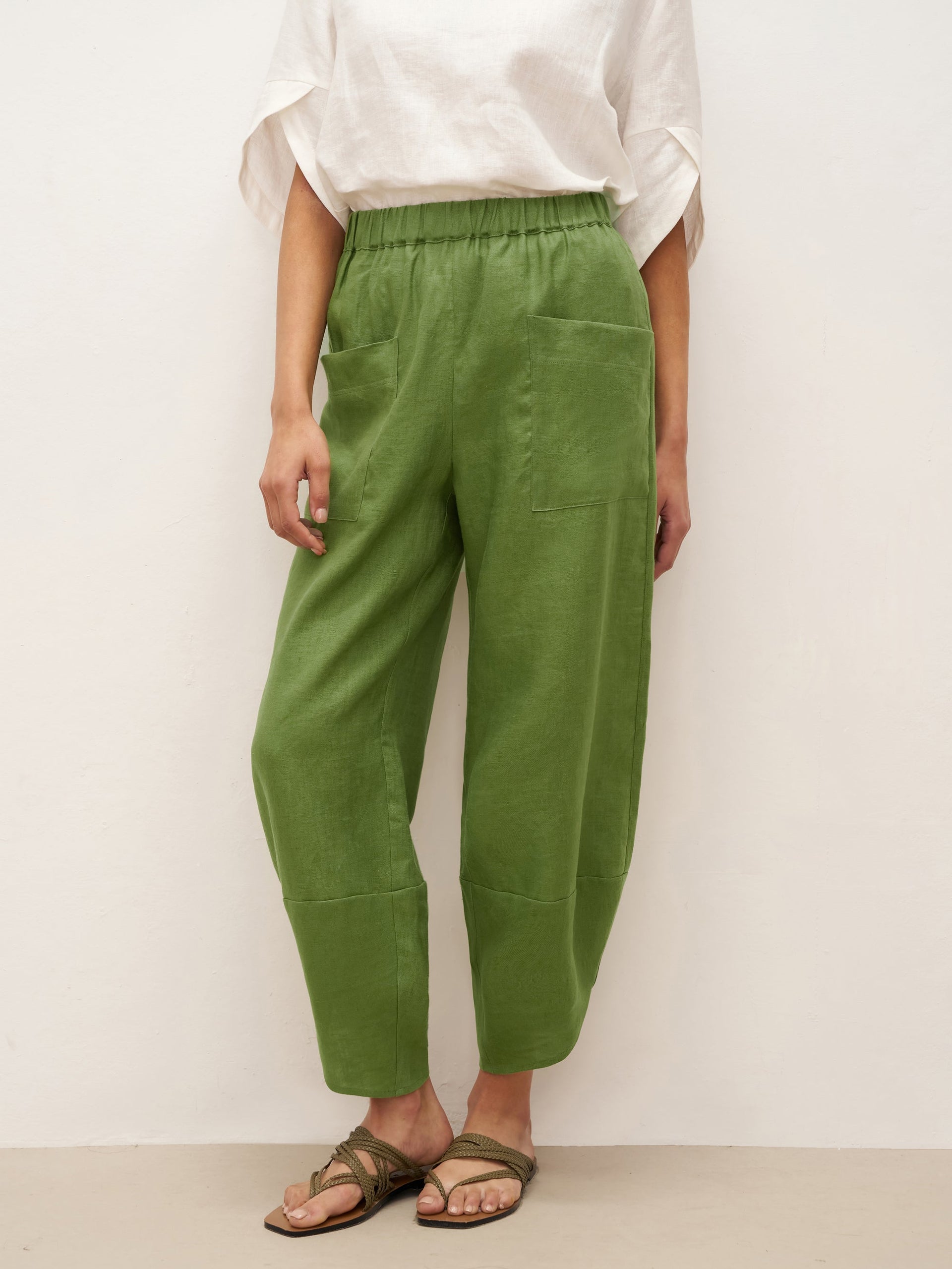 100% Linen Petal-Hem Trousers with Elastic Waist LIV Sage Green S
