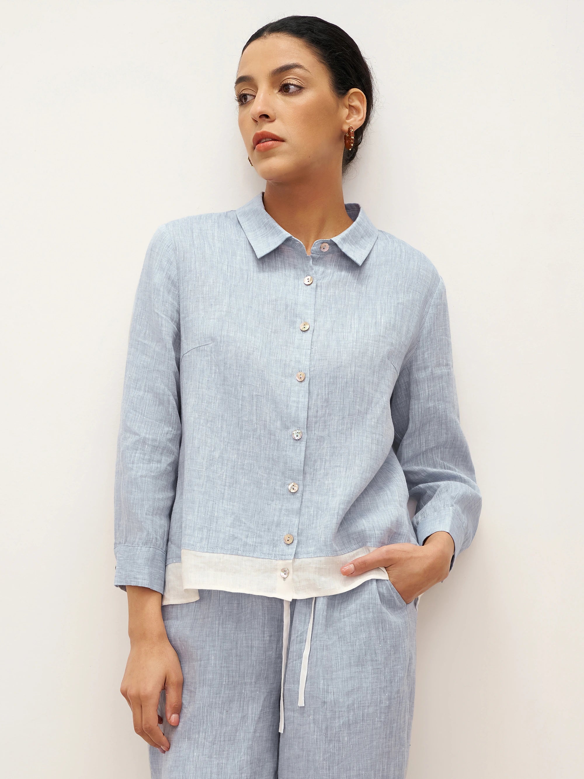 100% Linen Buttoned Closure Color-Blocked Shirt JANICE - Light Denim Blue / S - TOPS-Linen Blouses