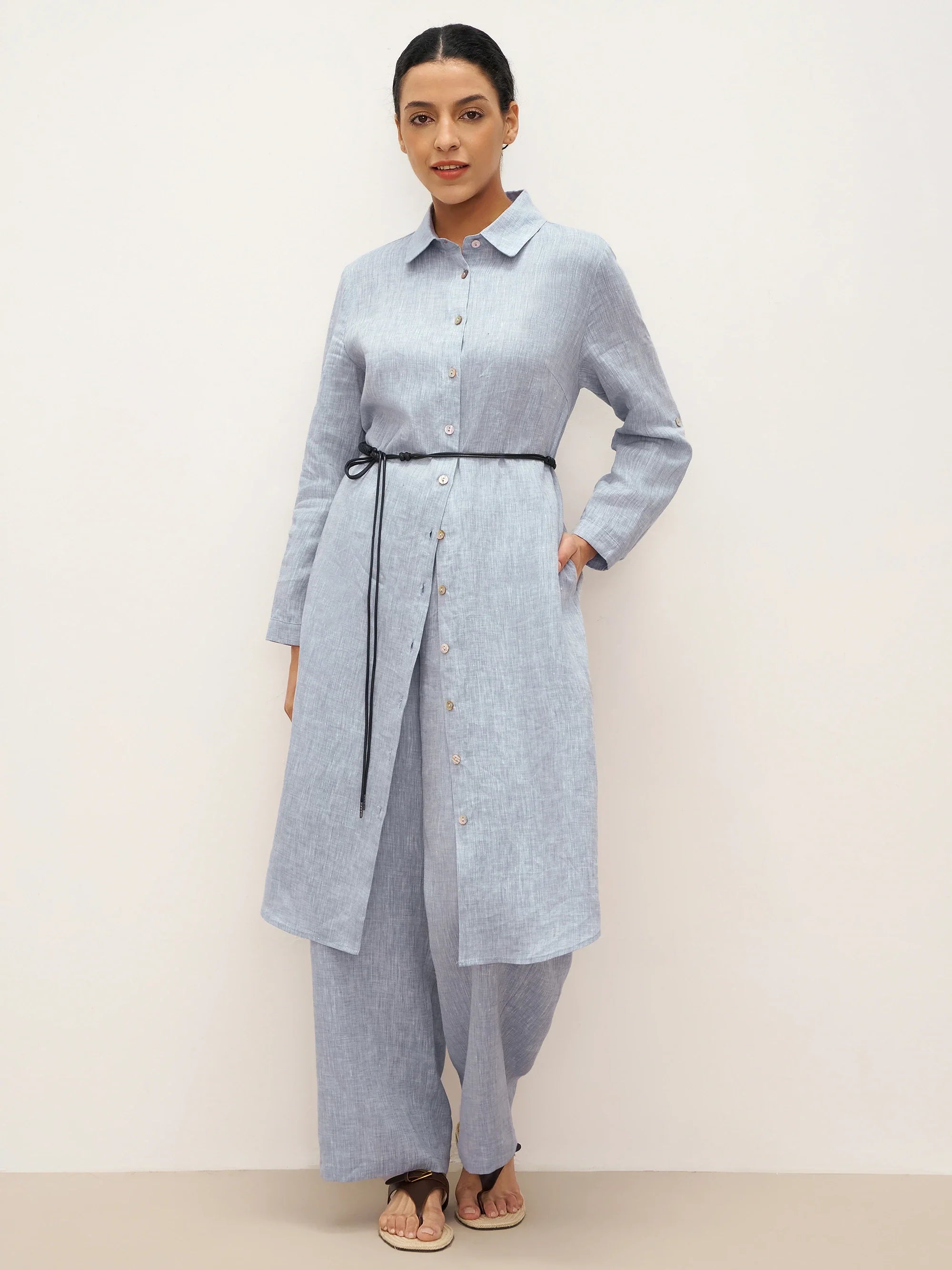 100% Linen U-Hem Belted Shirt Dress JULIA - Light Denim Blue / S - DRESSES-Linen Midi