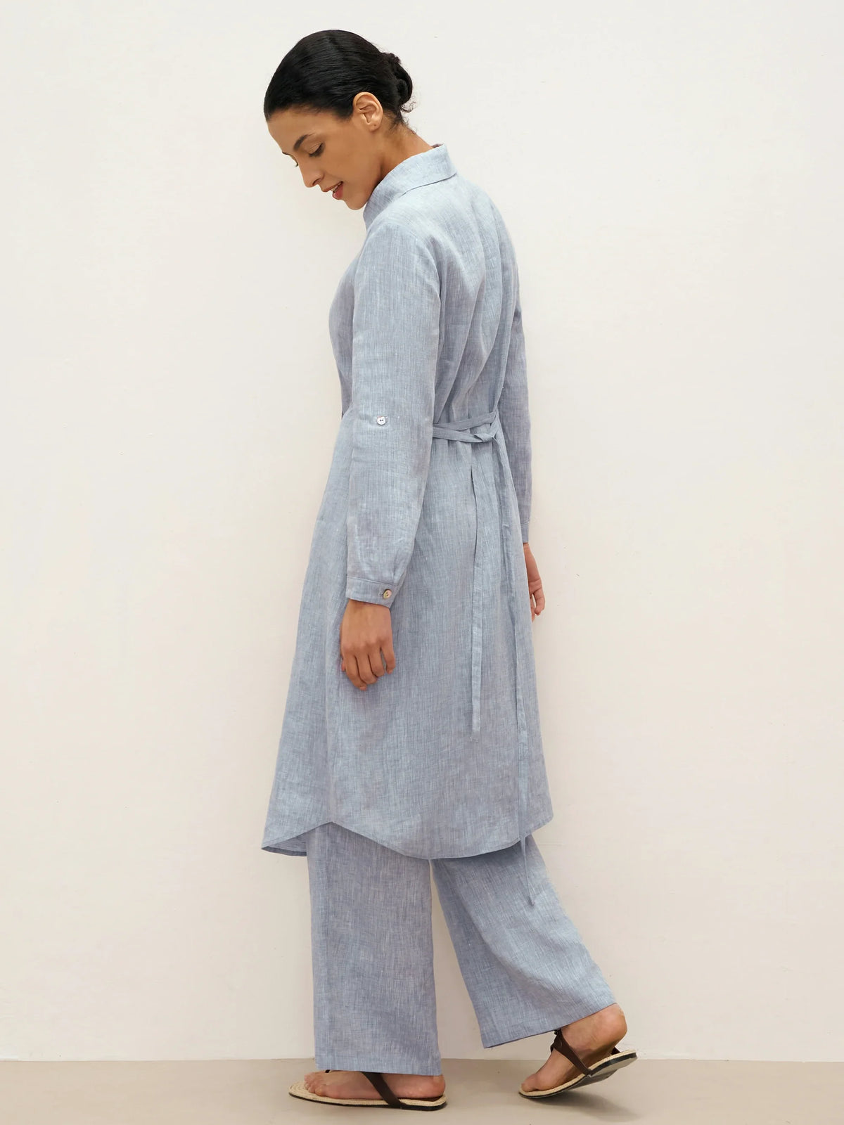 100% Linen U-Hem Belted Shirt Dress JULIA - DRESSES-Linen Midi