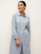 100% Linen U-Hem Belted Shirt Dress JULIA - DRESSES-Linen Midi