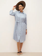 100% Linen U-Hem Belted Shirt Dress JULIA - DRESSES-Linen Midi