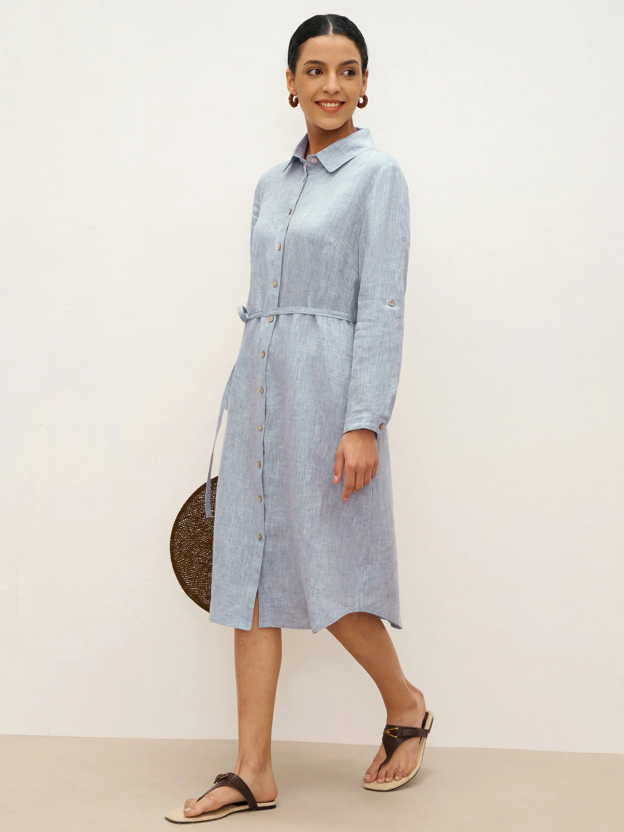 100% Linen U-Hem Belted Shirt Dress JULIA - DRESSES-Linen Midi
