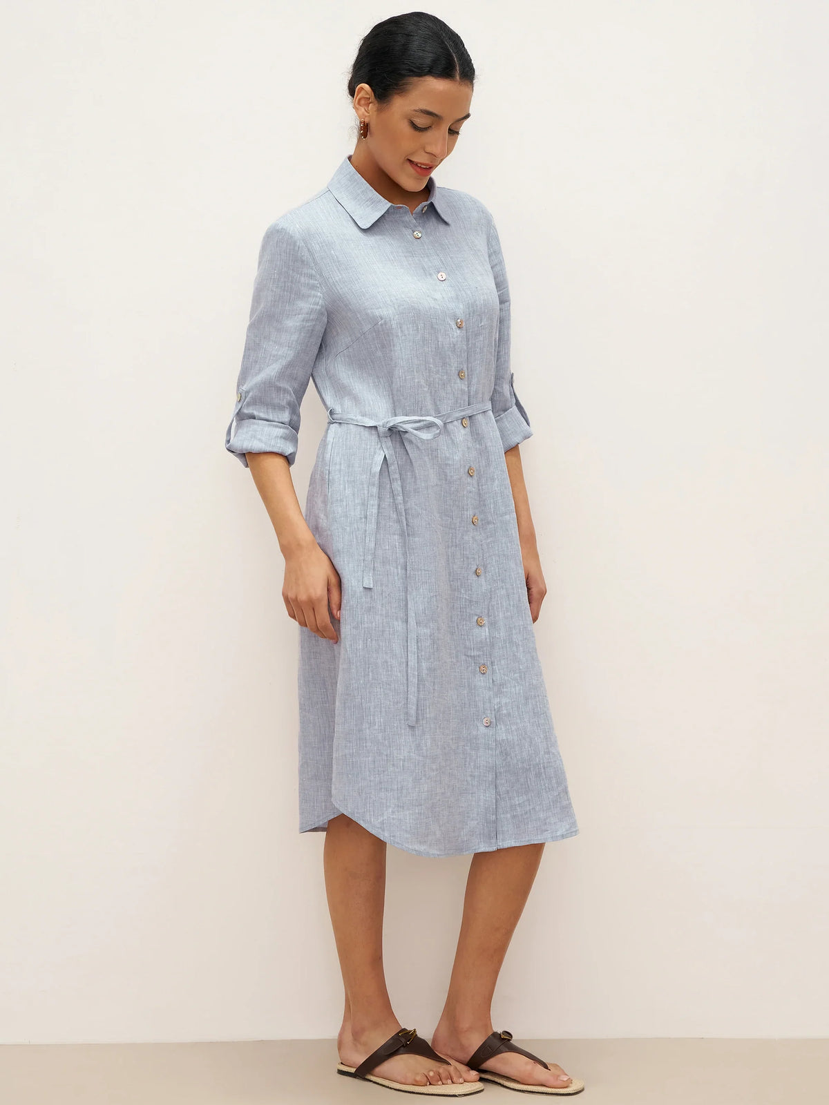 100% Linen U-Hem Belted Shirt Dress JULIA - DRESSES-Linen Midi