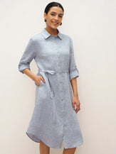 100% Linen U-Hem Belted Shirt Dress JULIA - DRESSES-Linen Midi