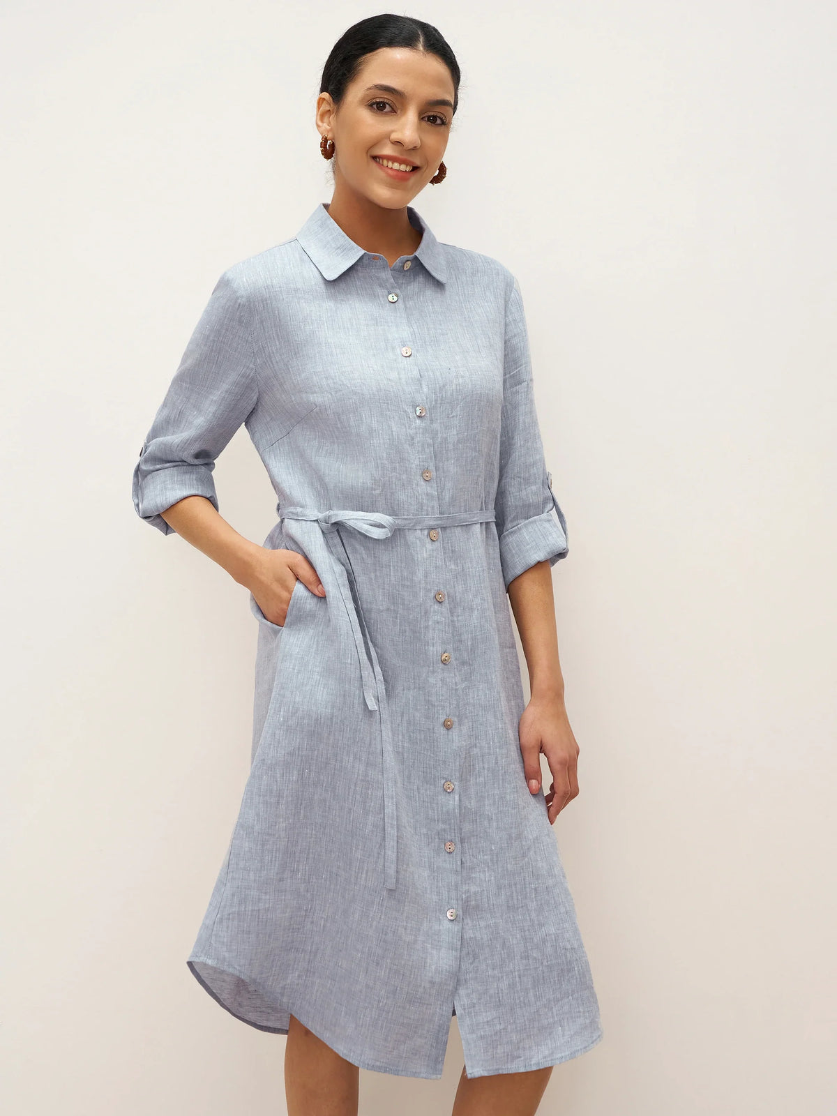 100% Linen U-Hem Belted Shirt Dress JULIA - DRESSES-Linen Midi
