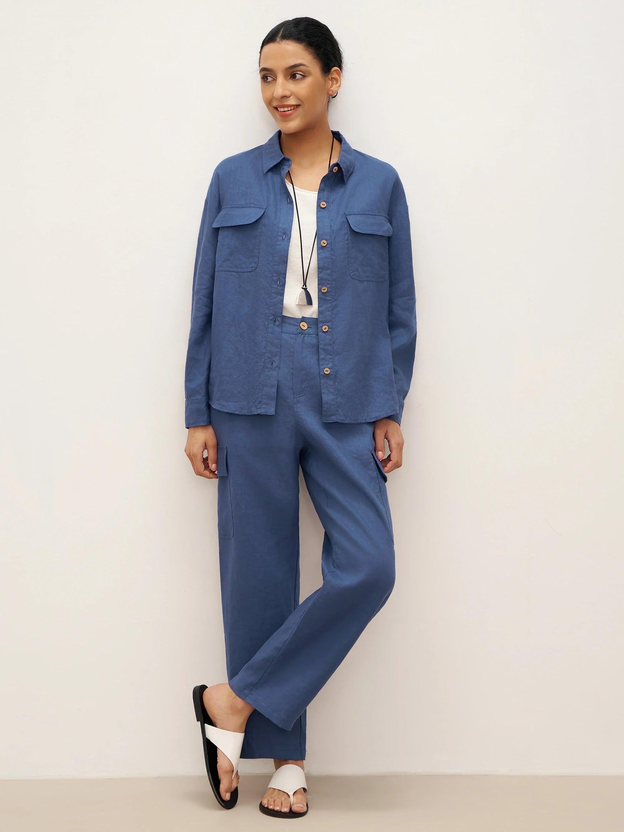 100% Linen Flap-Patch Buttoned Closure Shirt Jacket JANE - TOPS-Linen Blouses