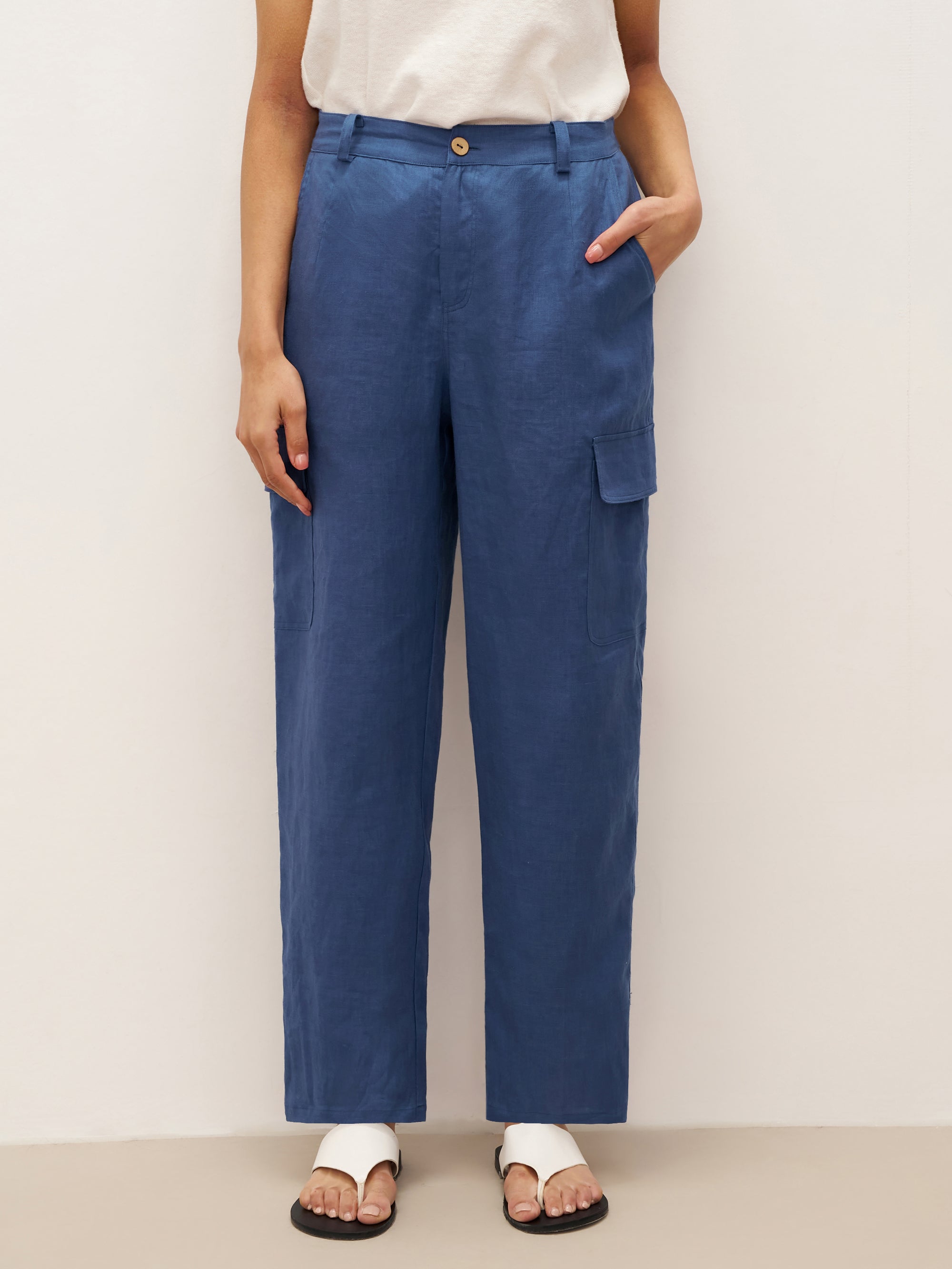100% Linen Cargo Tapered Trousers with Patch Pockets JESSE - BOTTOMS-Linen Pants