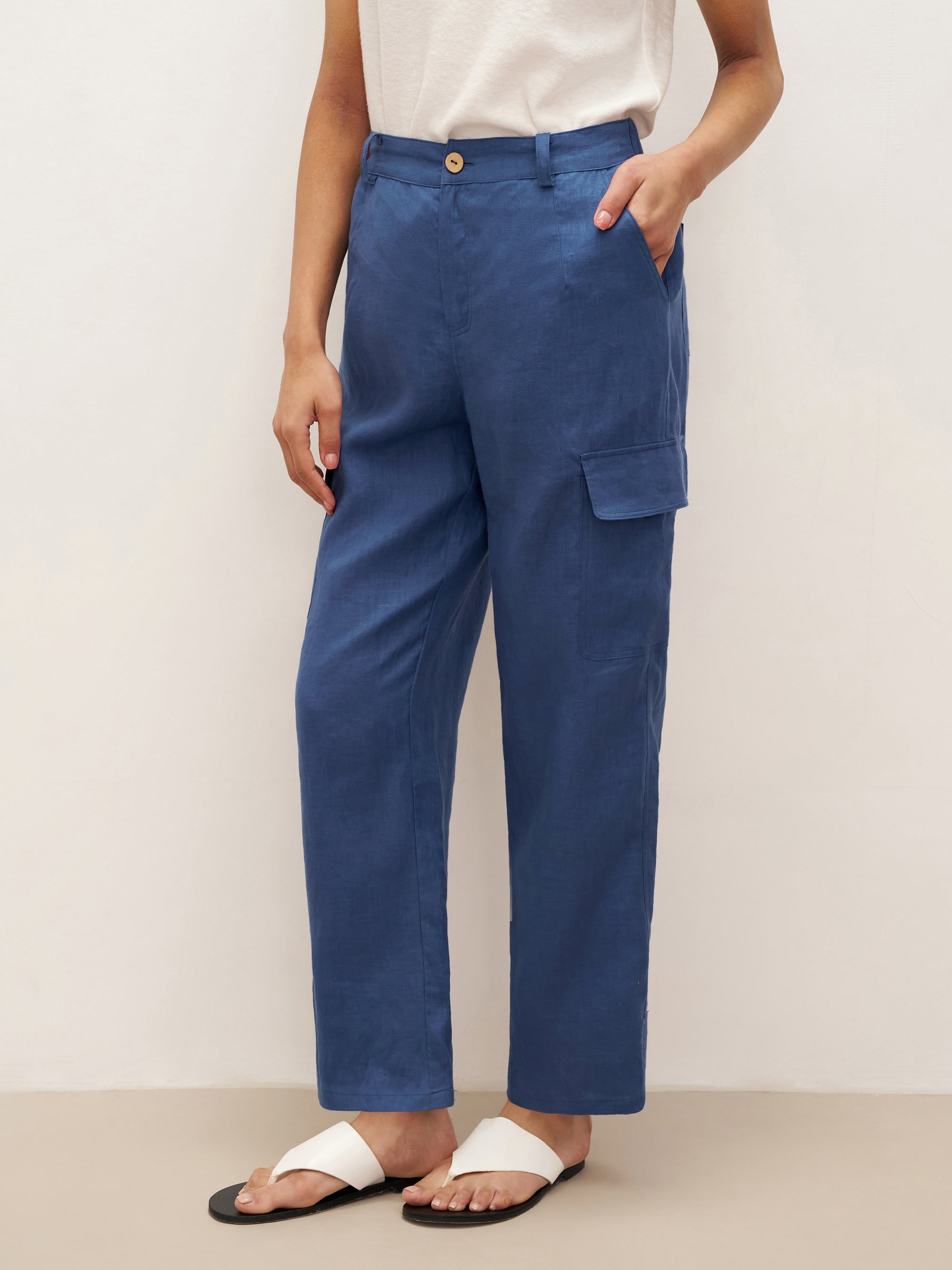 100% Linen Cargo Tapered Trousers with Patch Pockets JESSE - Nautical Blue / S - BOTTOMS-Linen Pants