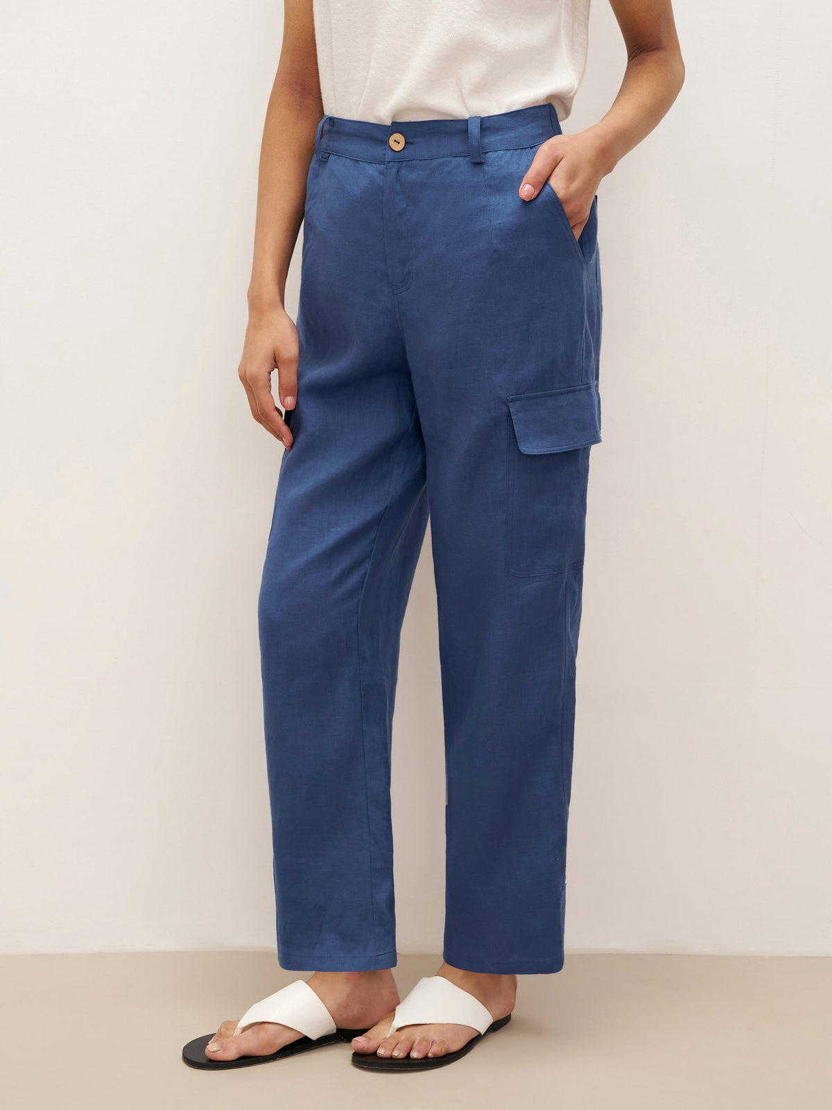100% Linen Cargo Tapered Trousers with Patch Pockets JESSE - Nautical Blue / S - BOTTOMS-Linen Pants