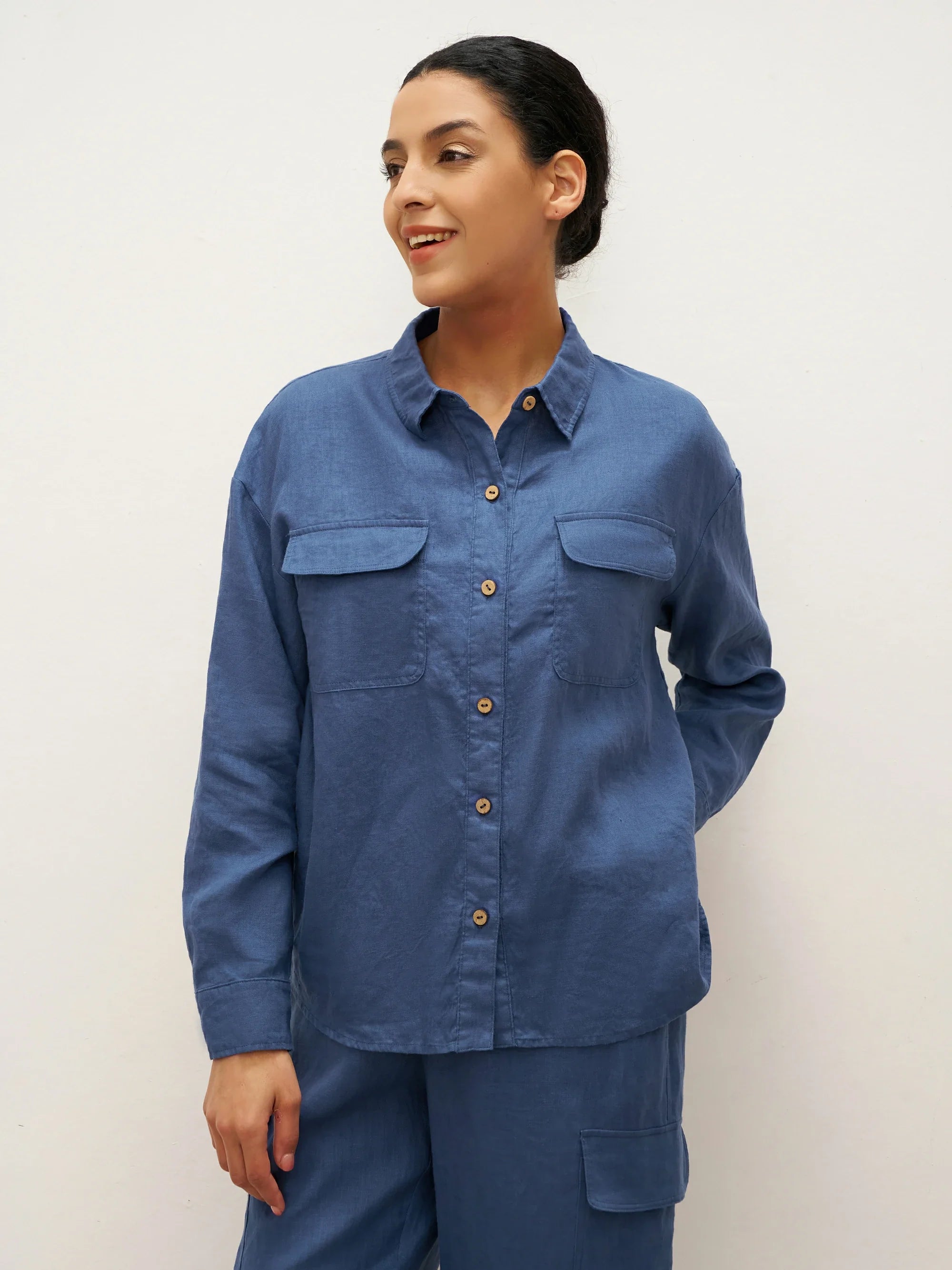 100% Linen Flap-Patch Buttoned Closure Shirt Jacket JANE - TOPS-Linen Blouses