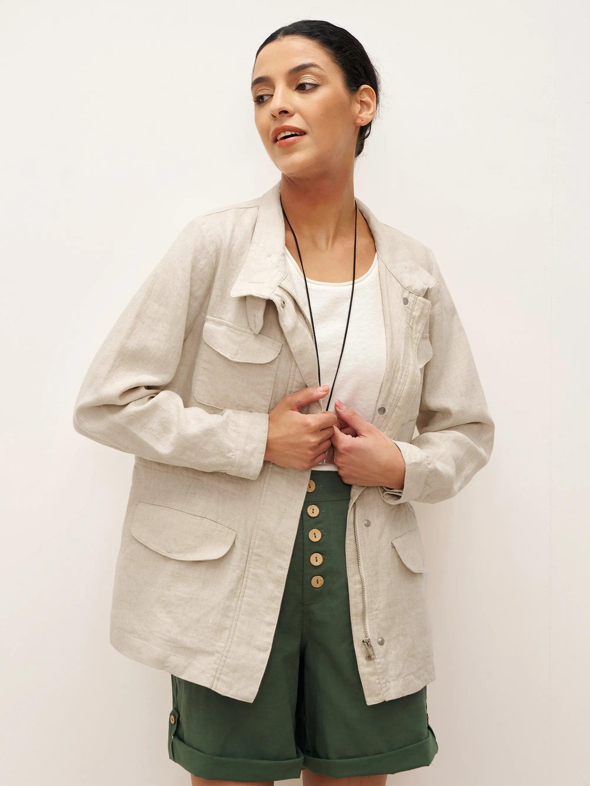 100% Linen Convertible Collar Jacket EVELINA - TOPS-Linen Jackets