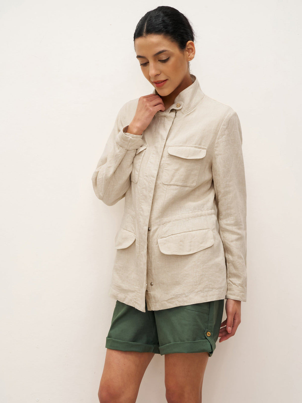 100% Linen Convertible Collar Jacket EVELINA - TOPS-Linen Jackets